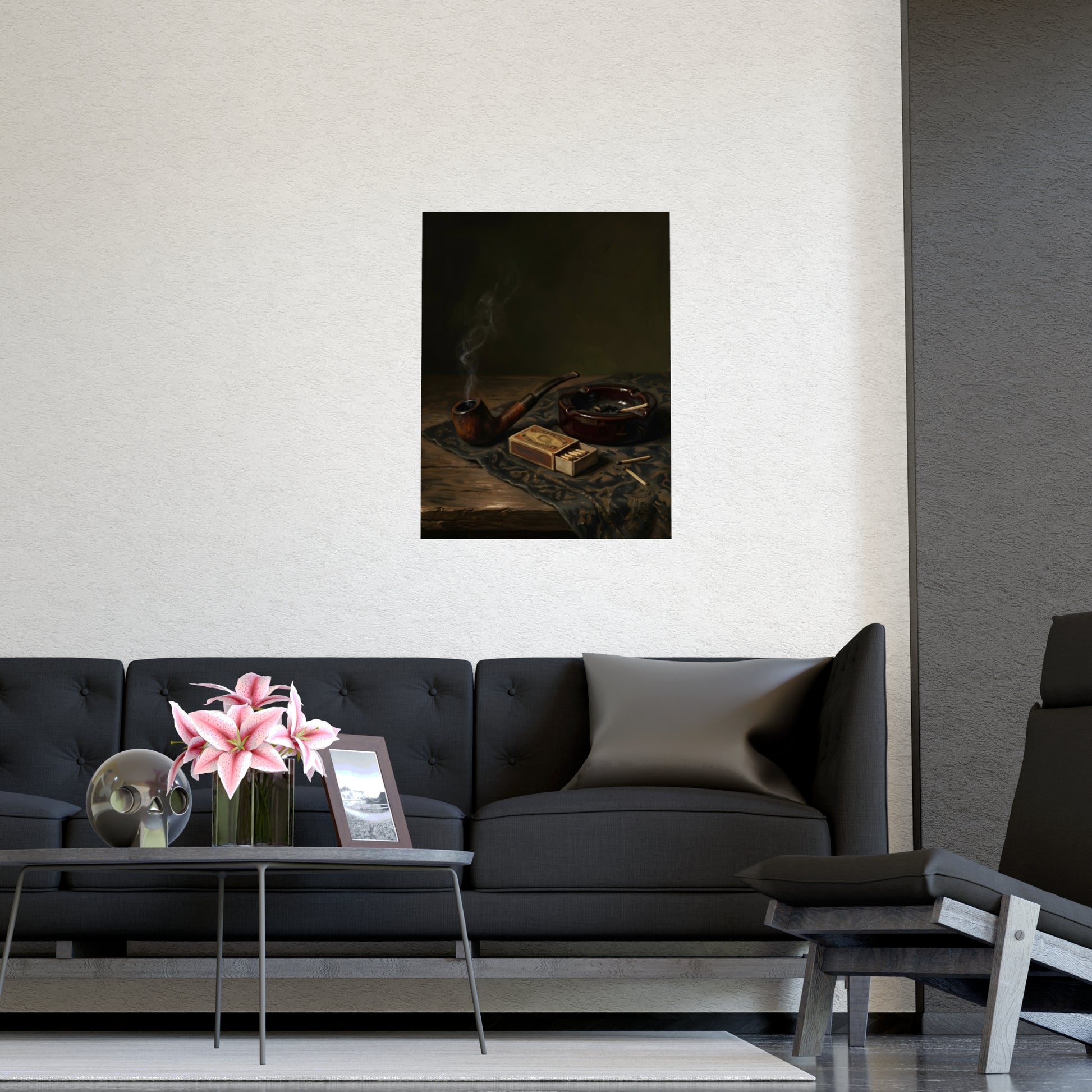 Pipe and Matches hung above a desk with a clock and notebook, 11x17 in print