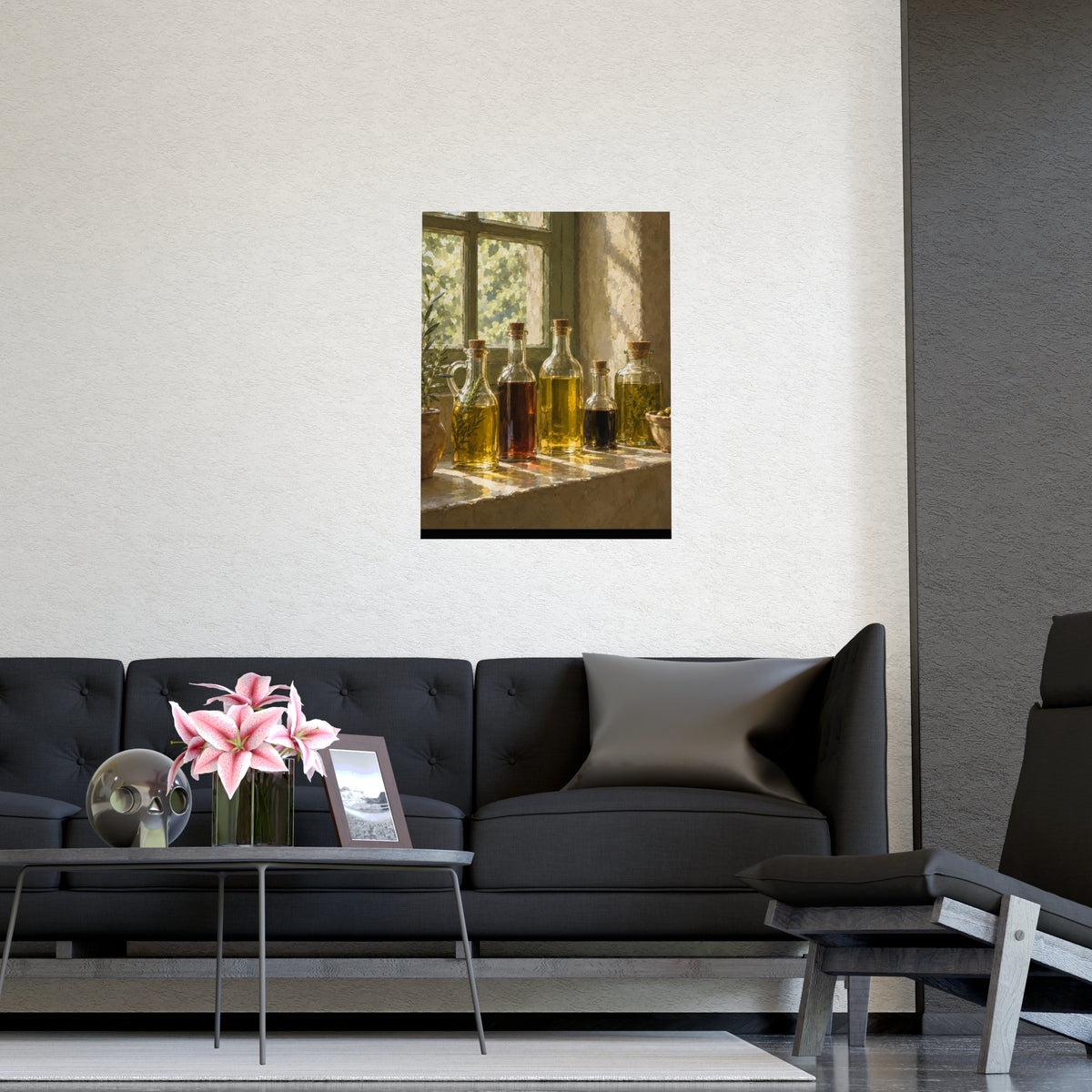 Oil and Vinegar on the Sill — oil and vinegar on the sill, shown framed on a wall