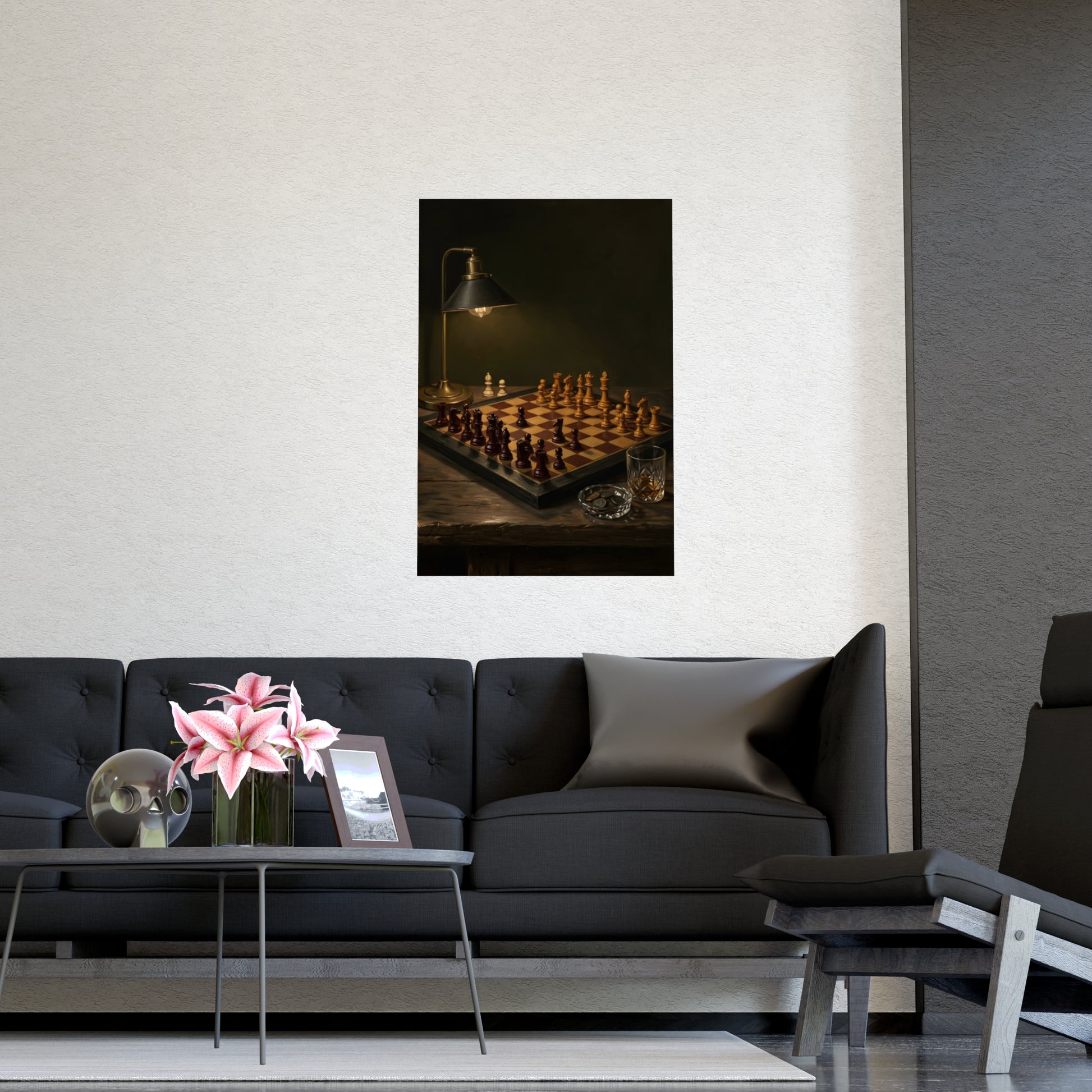 The Game, Unfinished hung above a sofa with a side table and lilies, 16x24 in print