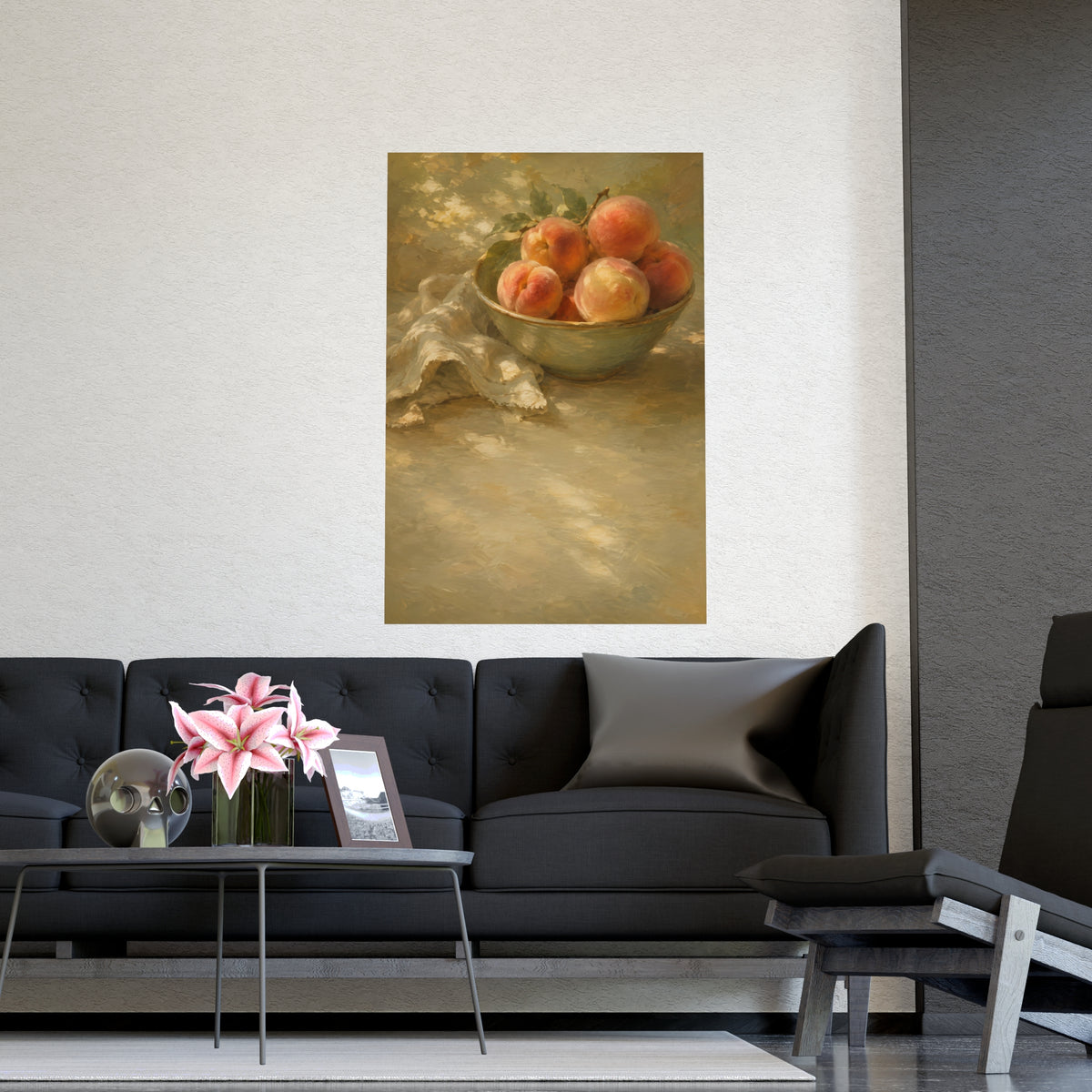 Bowl of Peaches — a bowl of ripe peaches and a folded linen napkin on a sunlit table, shown framed on a wall