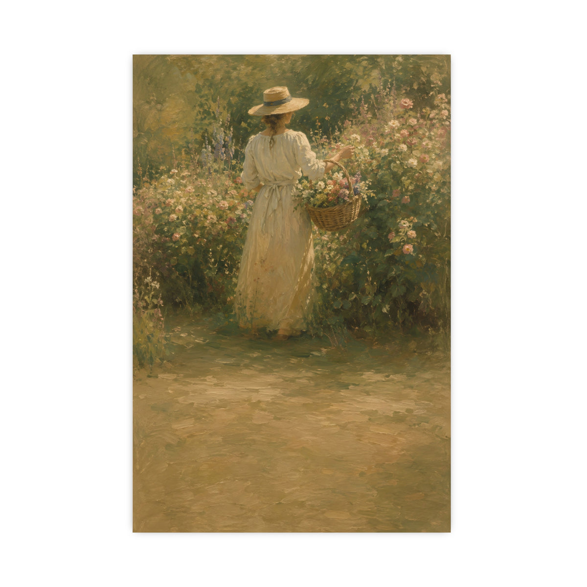 Gathering Flowers — a woman in a straw hat gathering flowers into a wicker basket, 20x30 in print