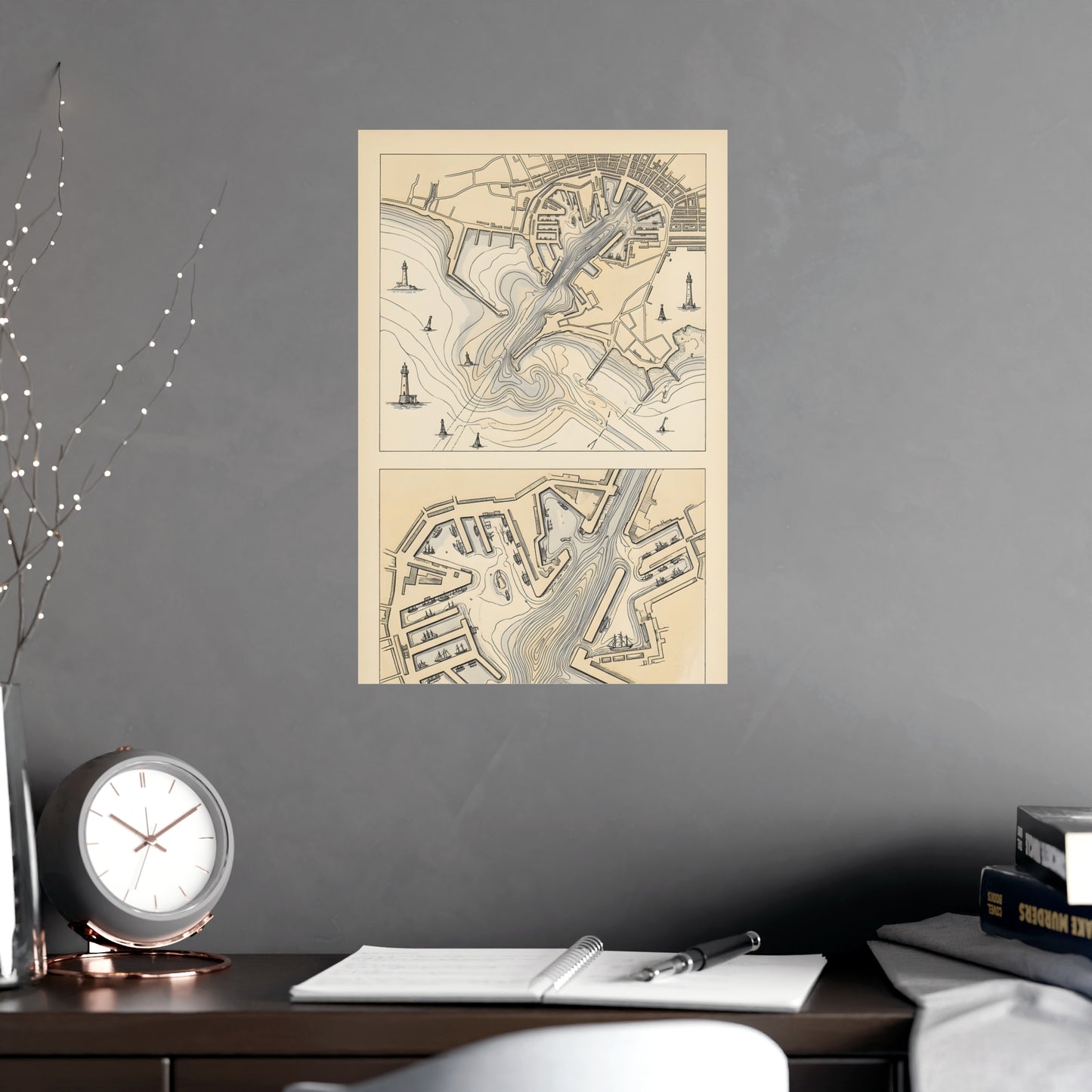 Harbour Soundings hung above a sofa with a side table and lilies, 12x18 in print
