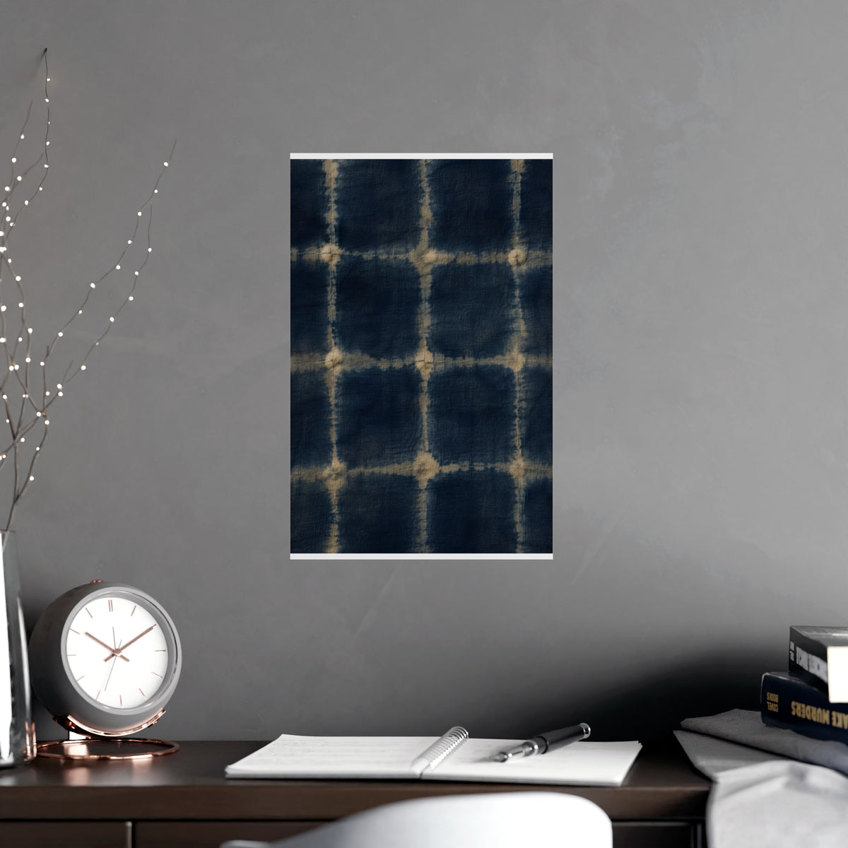 Indigo, Tied — indigo, tied, shown framed on a wall