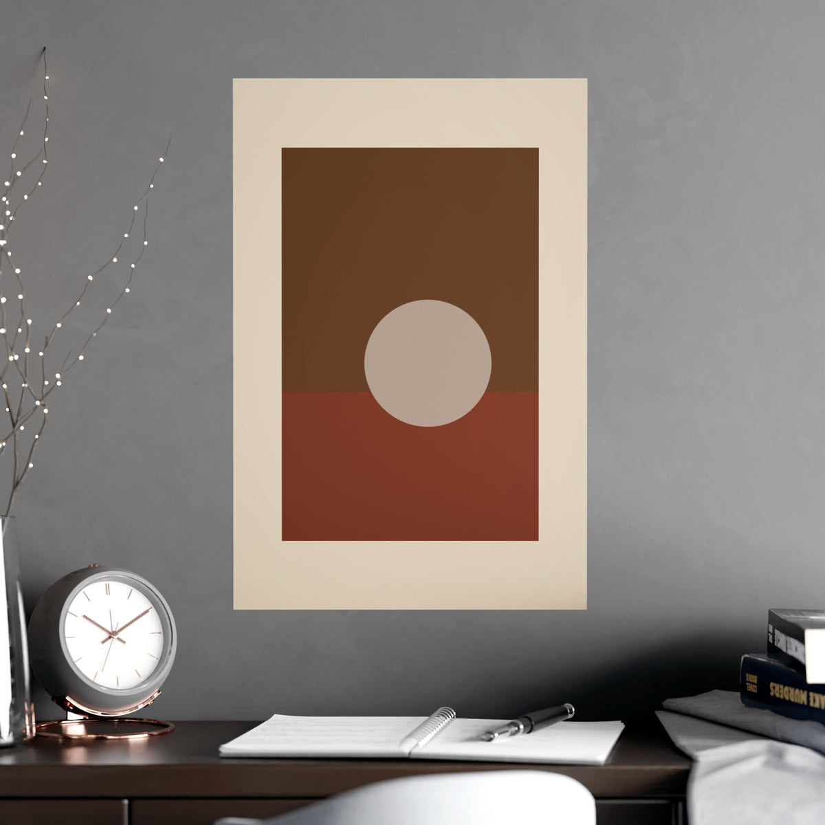 Muted 70s Sun Landscape Wall Art — sun landscape in a muted 70s palette, shown framed on a wall