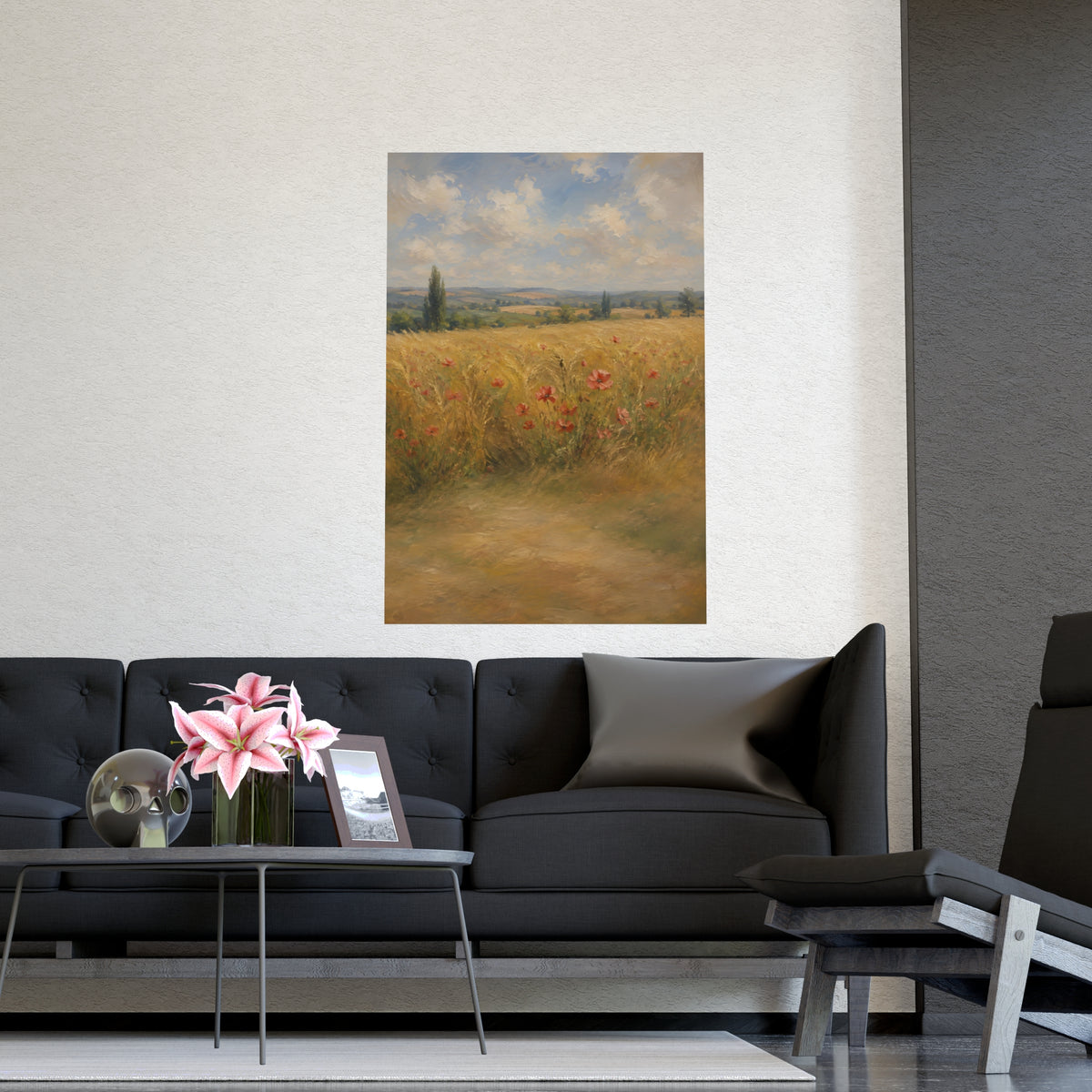 Poppies in the Wheat — wheat fields under a wide summer sky with poppies scattered through the gold, shown framed on a wall