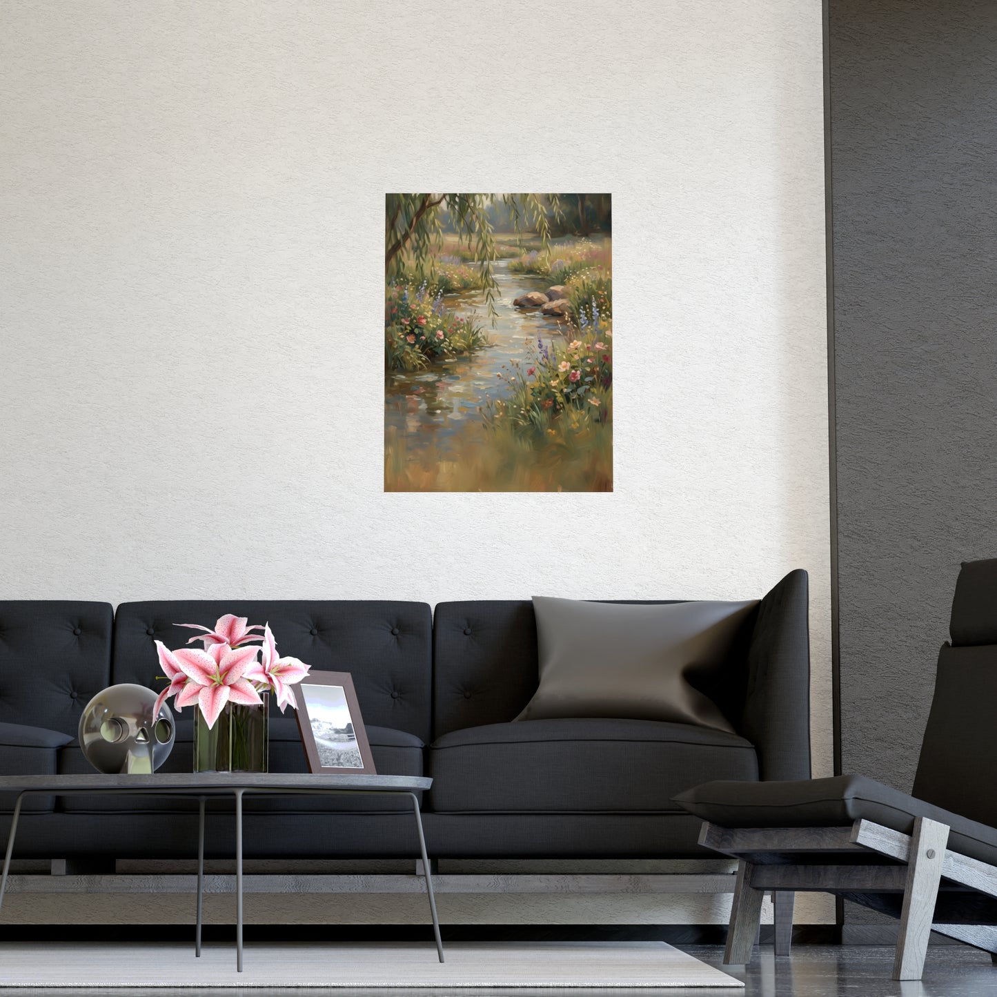 Willow Stream on a living room wall beside a tall vase, 20x30 in print