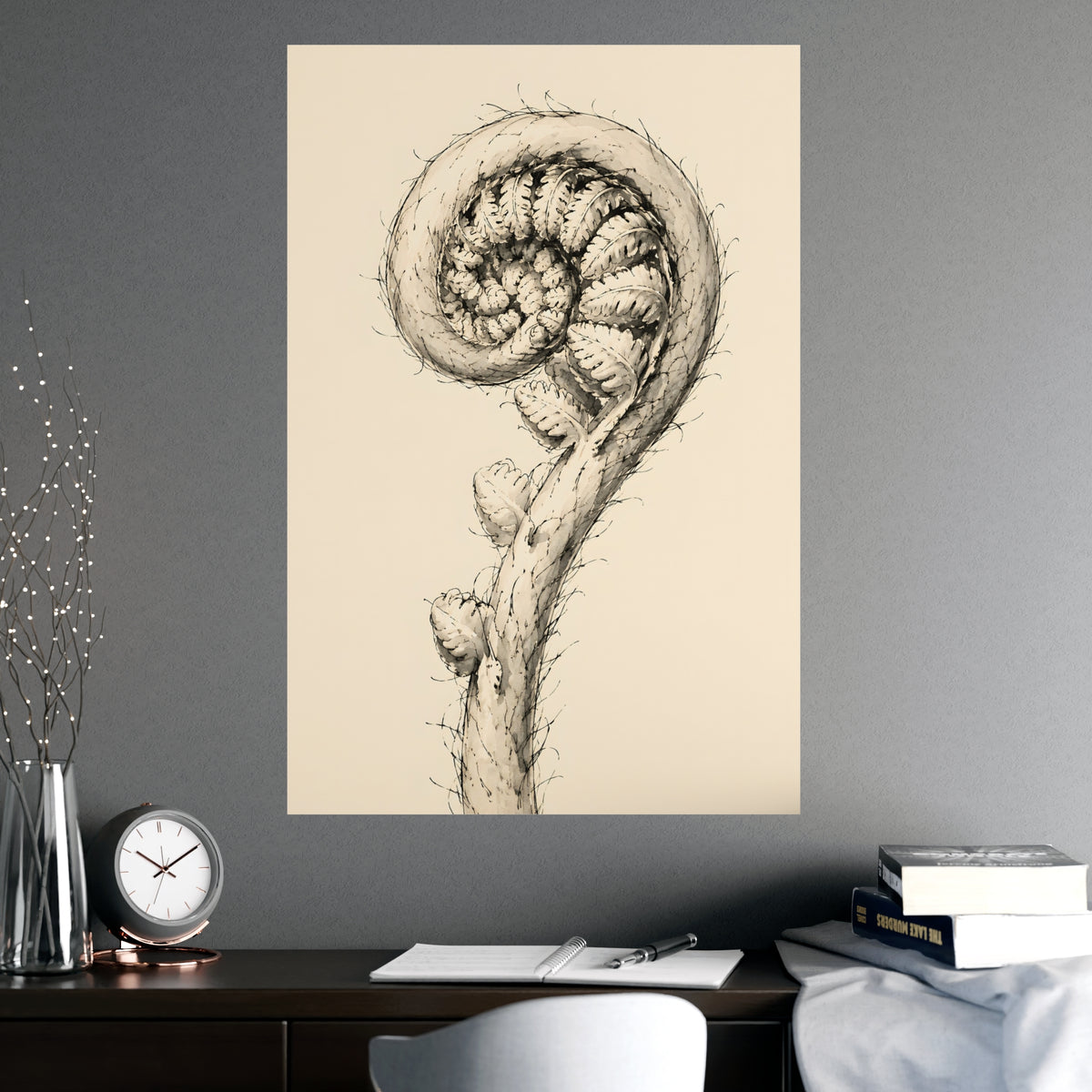 Fern, Still Curled — fern, still curled, shown framed on a wall