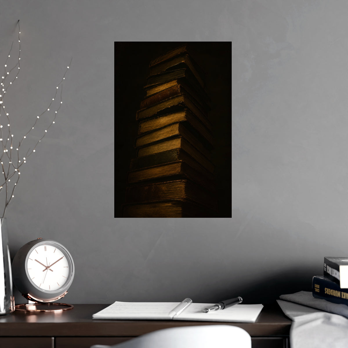 Books, Stacked — books, stacked, shown framed on a wall