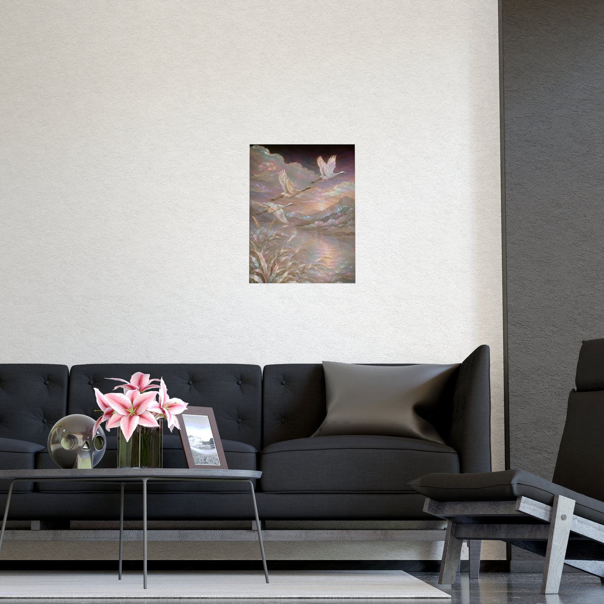 Cranes over Water — cranes over water, shown framed on a wall