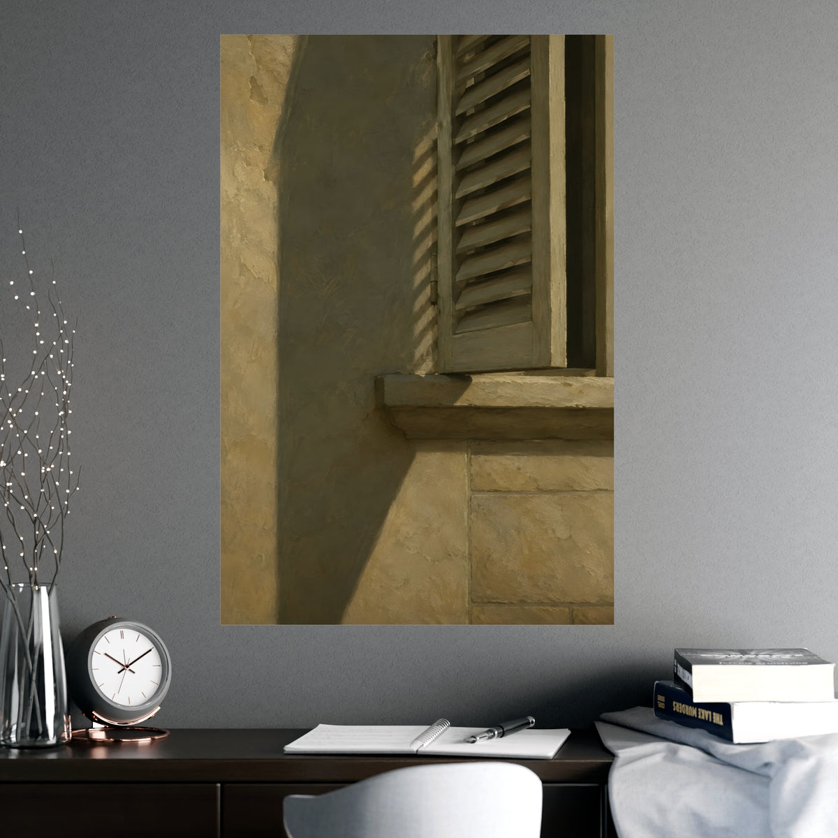 Shutters, Half Closed — shutters, half closed, shown framed on a wall