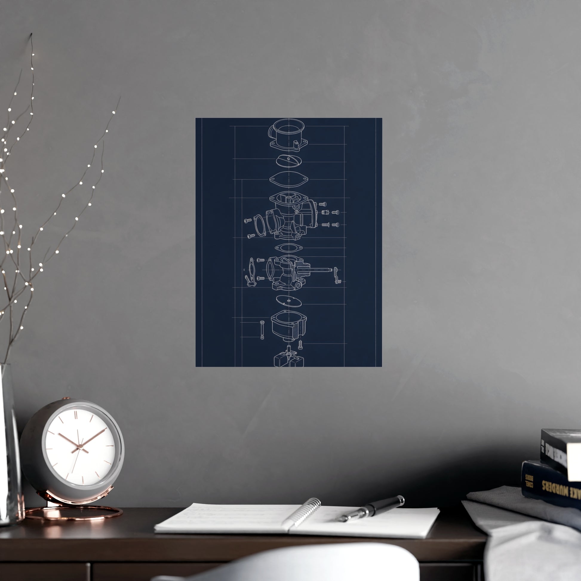 Carburettor, Exploded hung above a desk with a clock and notebook, 12x18 in print