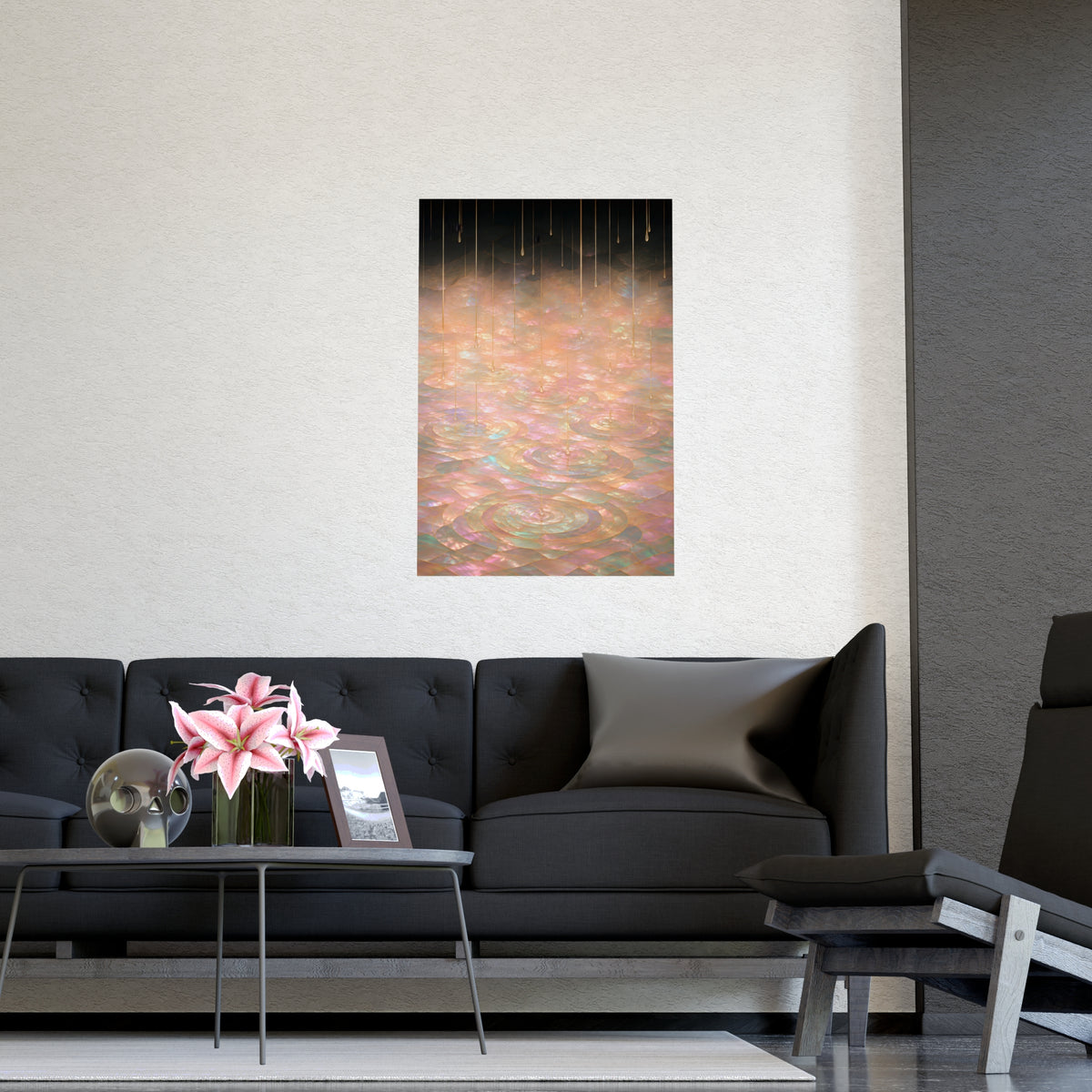 Rain on Still Water — rain on still water, shown framed on a wall