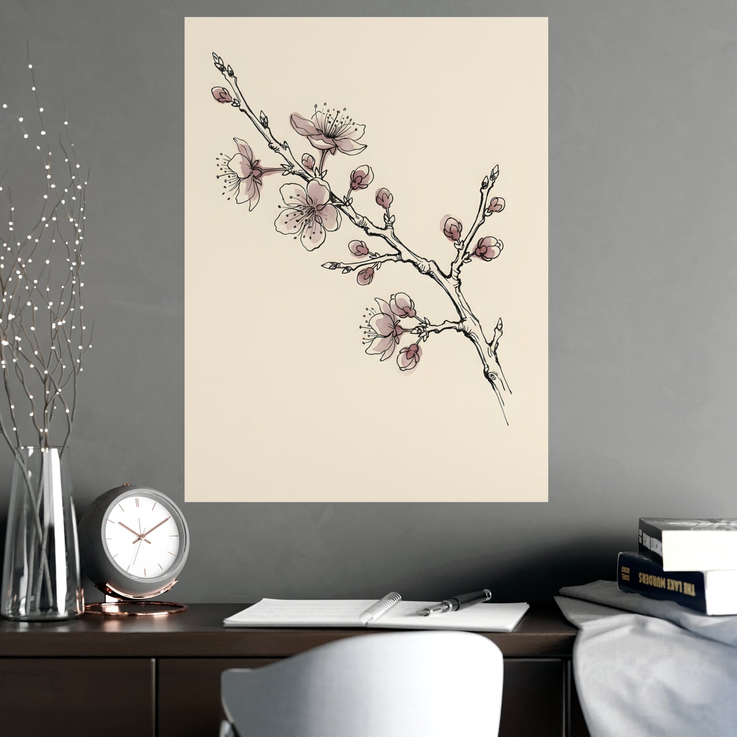 Plum Branch hung above a desk with a clock and notebook, 18x24 in print