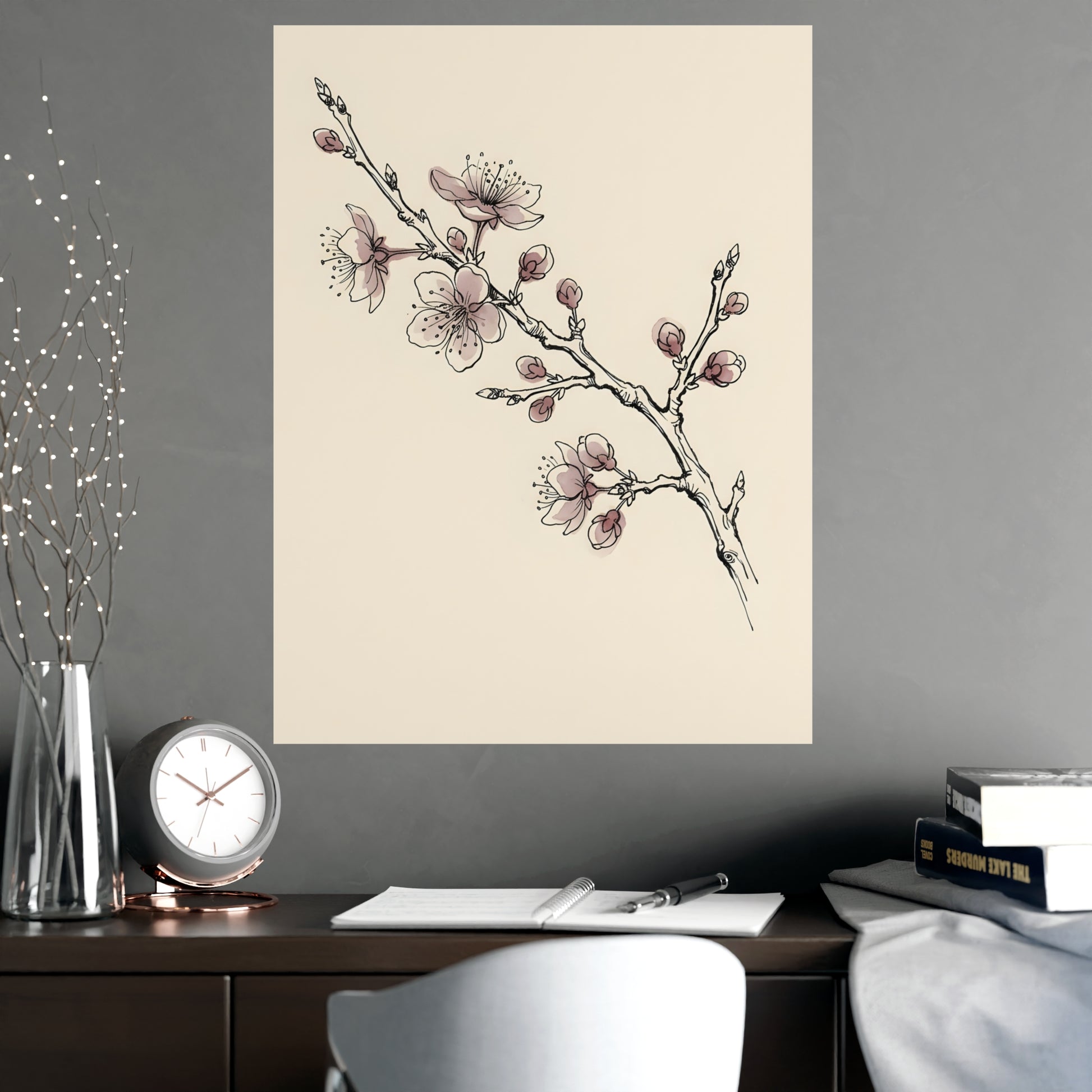 Plum Branch hung above a desk with a clock and notebook, 18x24 in print