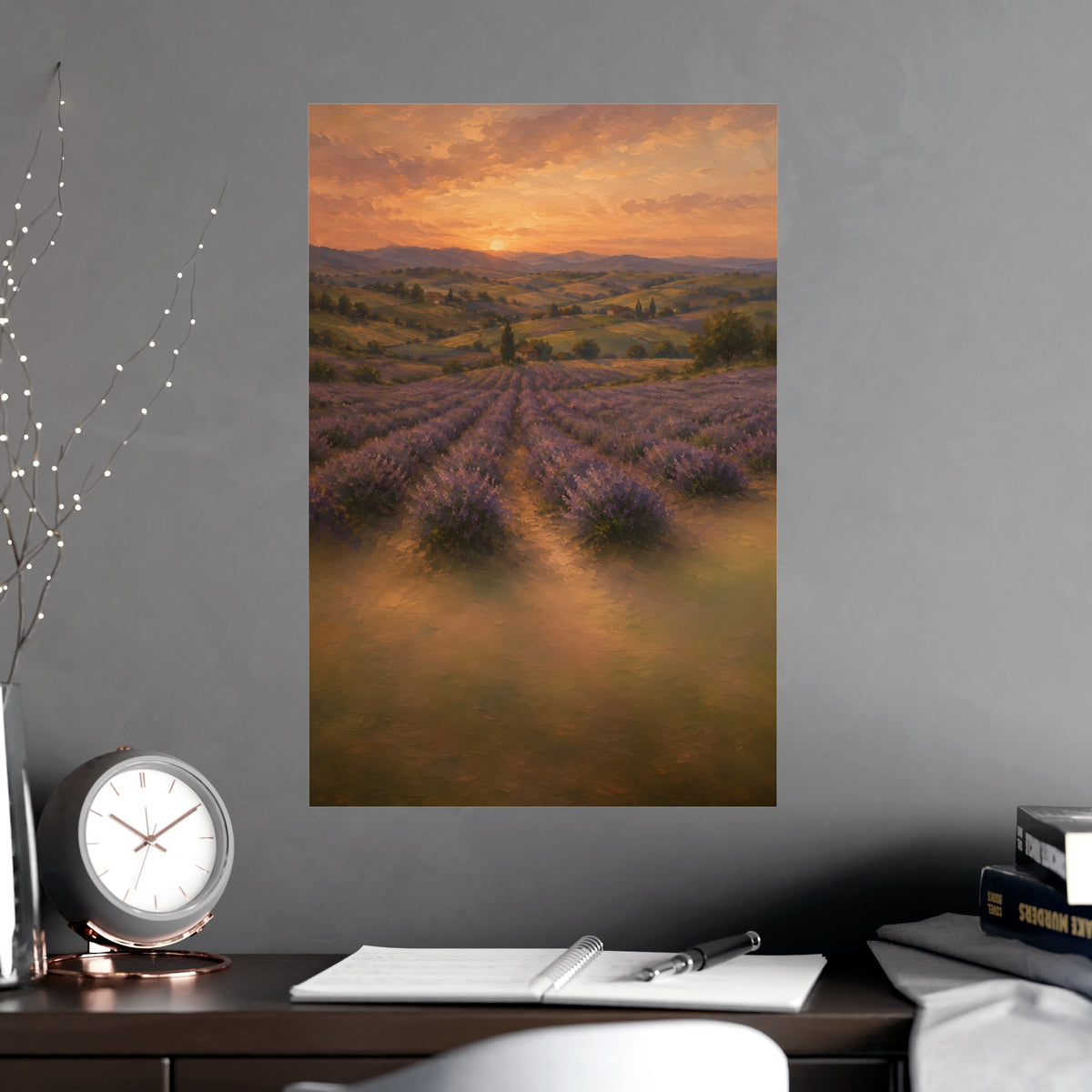Lavender Fields at Dusk — lavender rows receding into soft hills at dusk, shown framed on a wall