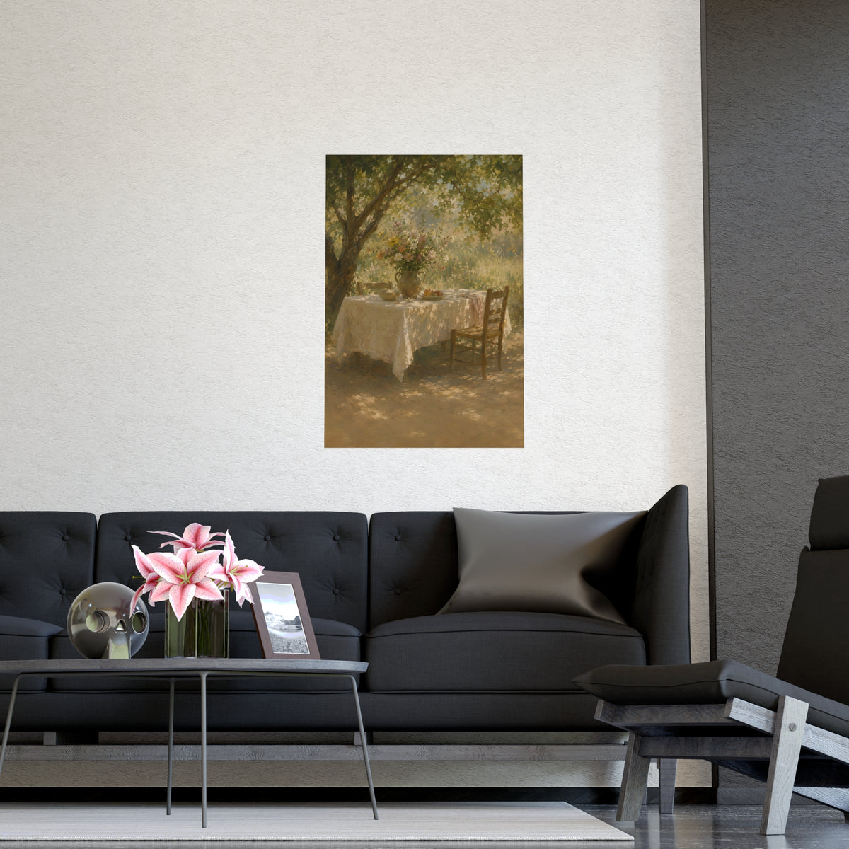 Table Under the Tree — a table under a tree with a linen cloth and a jug of wildflowers, shown framed on a wall