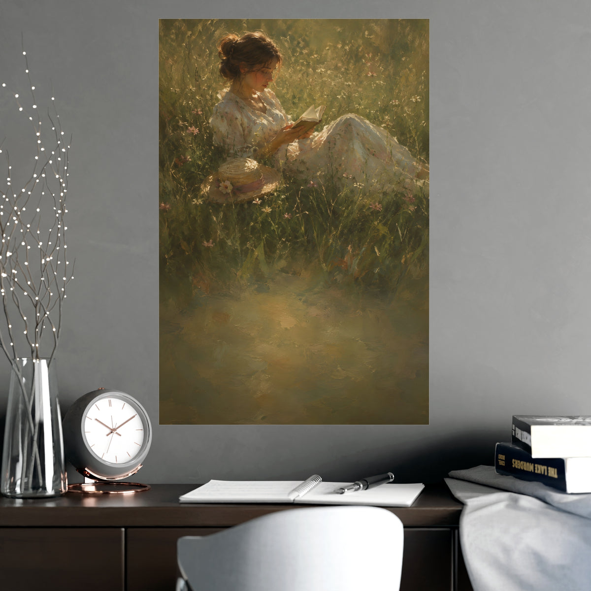 Reading in Tall Grass — a woman reading in tall summer grass, straw hat beside her, shown framed on a wall