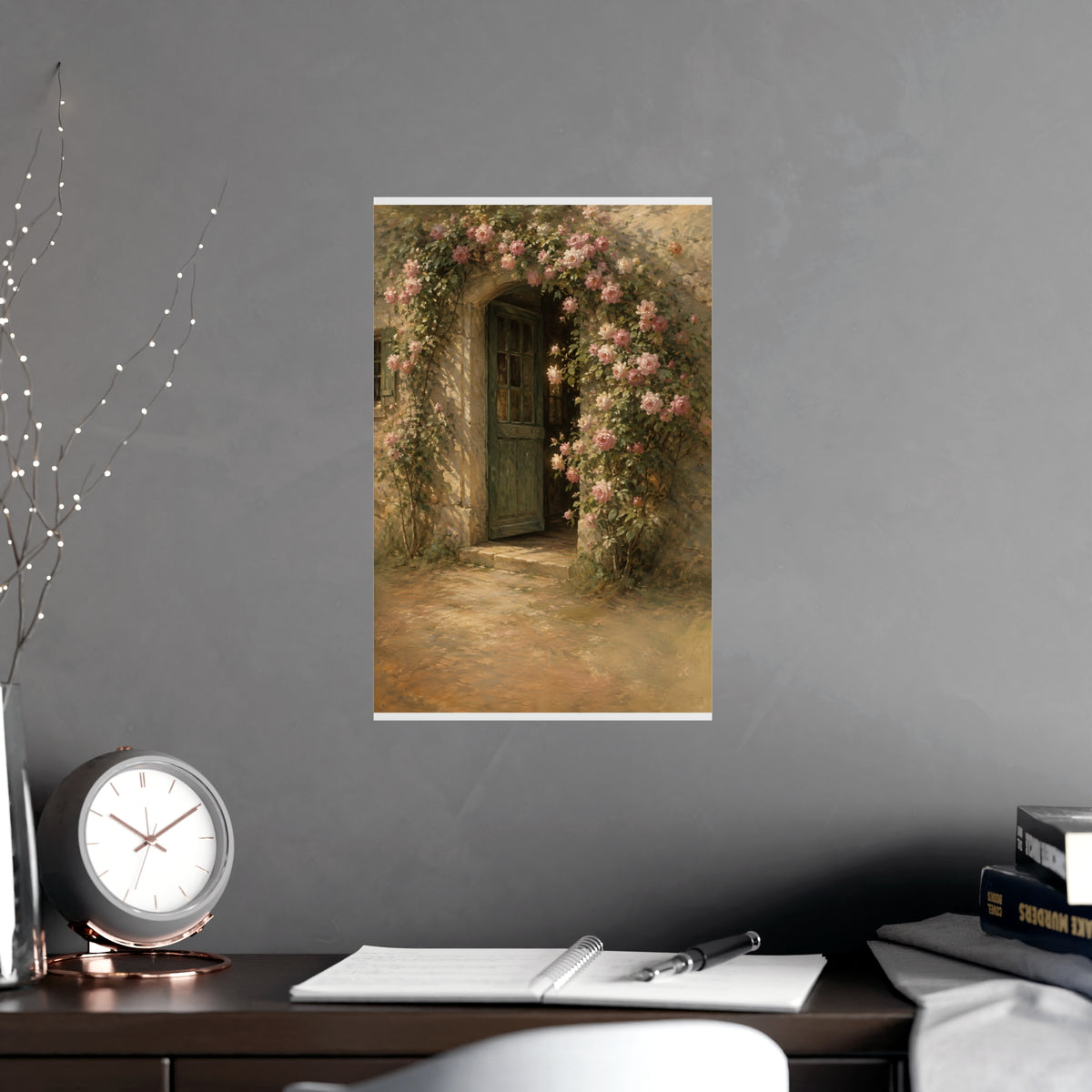 Rose Cottage Door — a stone cottage doorway framed by climbing roses in full bloom, shown framed on a wall