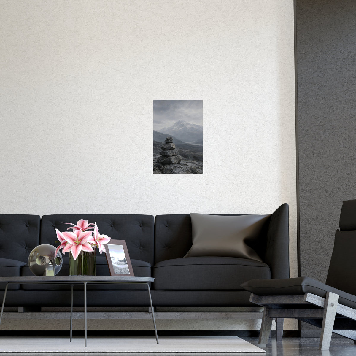 Cairn and Mountain — cairn and mountain, shown framed on a wall