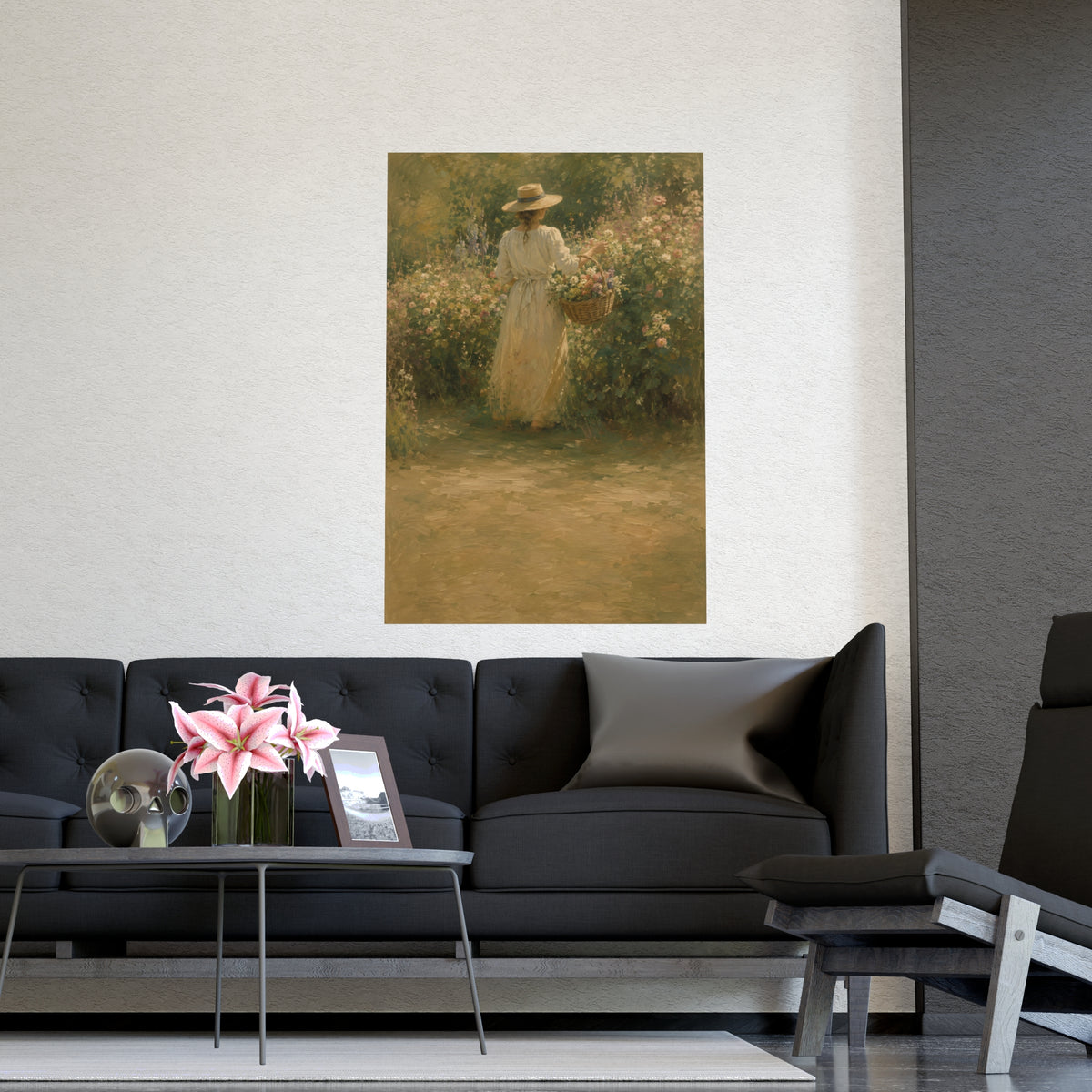 Gathering Flowers — a woman in a straw hat gathering flowers into a wicker basket, shown framed on a wall
