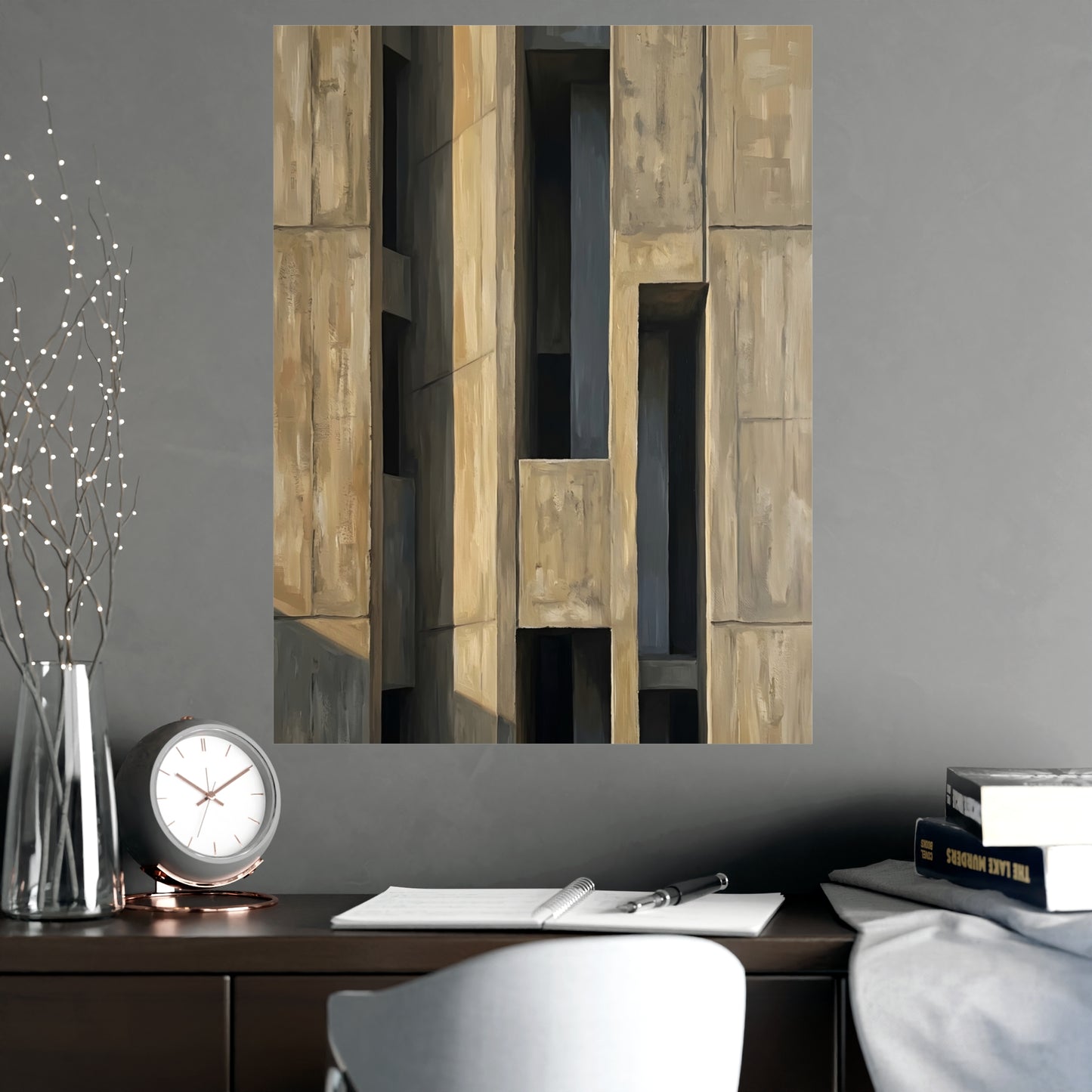 Facade at Dusk hung on a grey wall above a dark sofa, 18x24 in print