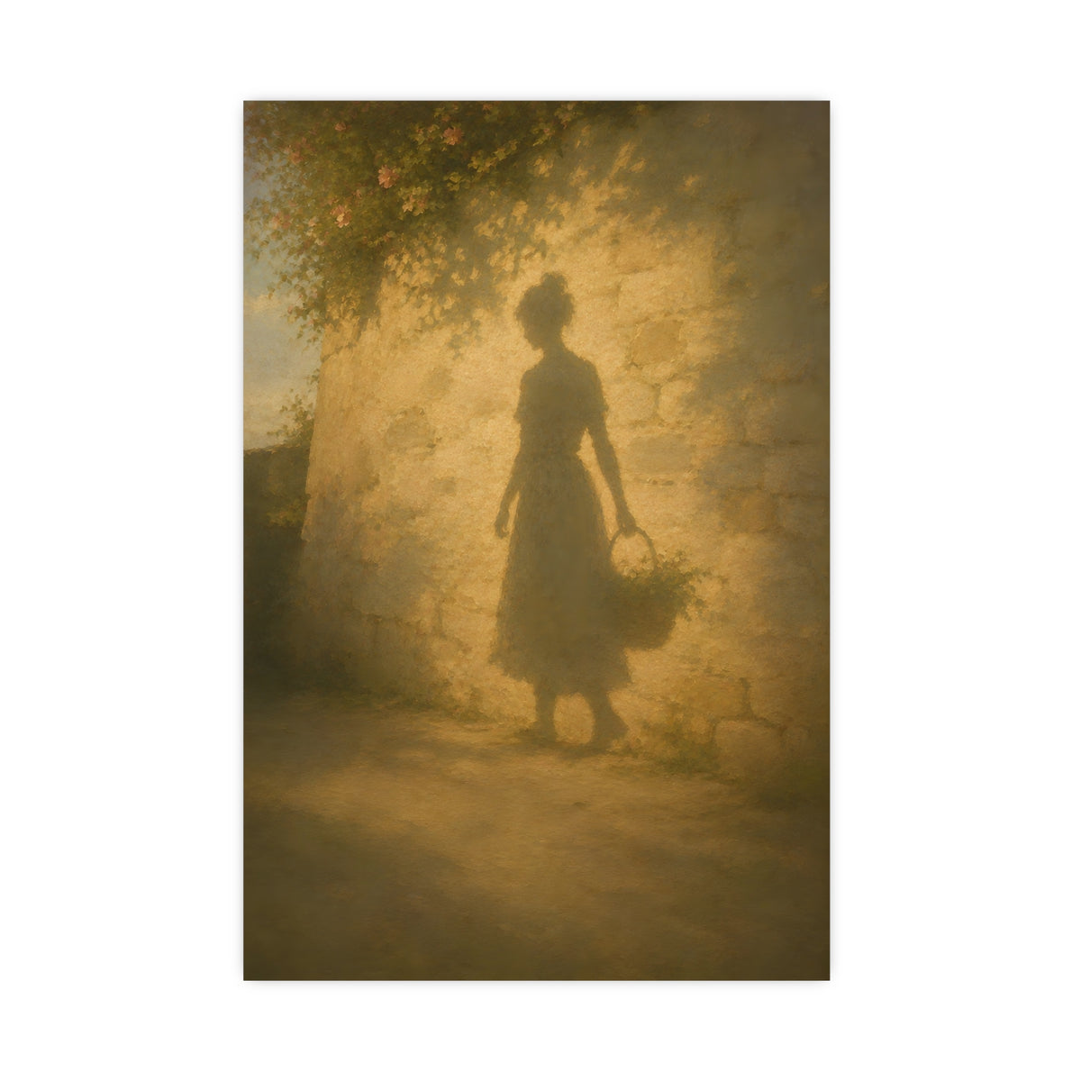Her Shadow on the Wall — the long shadow of a woman carrying a basket, cast across a sunlit stone wall, 16x24 in print