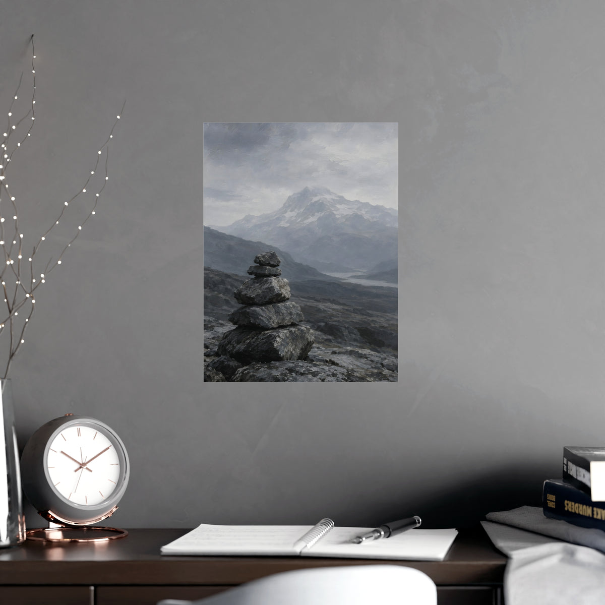 Cairn and Mountain — cairn and mountain, shown framed on a wall