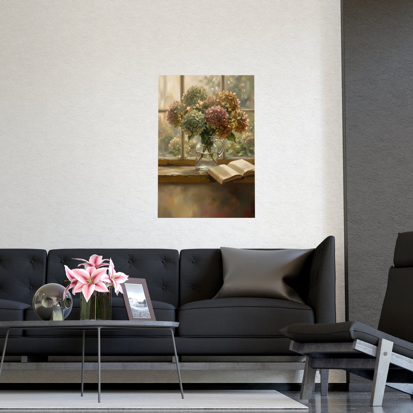 Hydrangeas and a Book framed on a cream wall in a living room, 12x18 in print