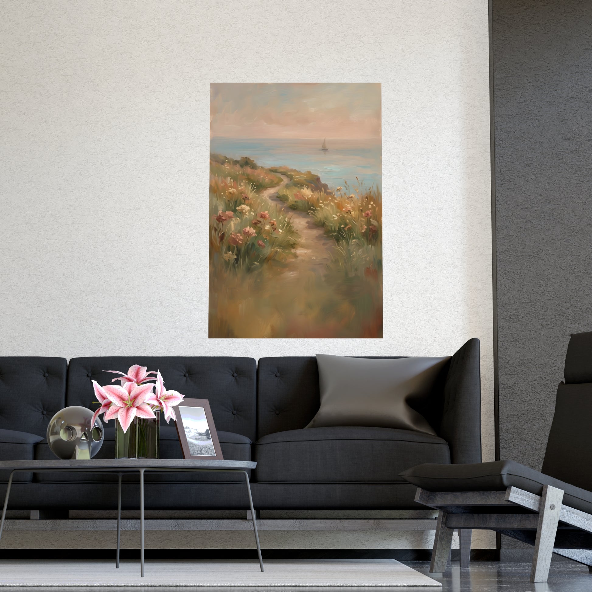 Coast Path hung above a sofa with a side table and lilies, 18x24 in print