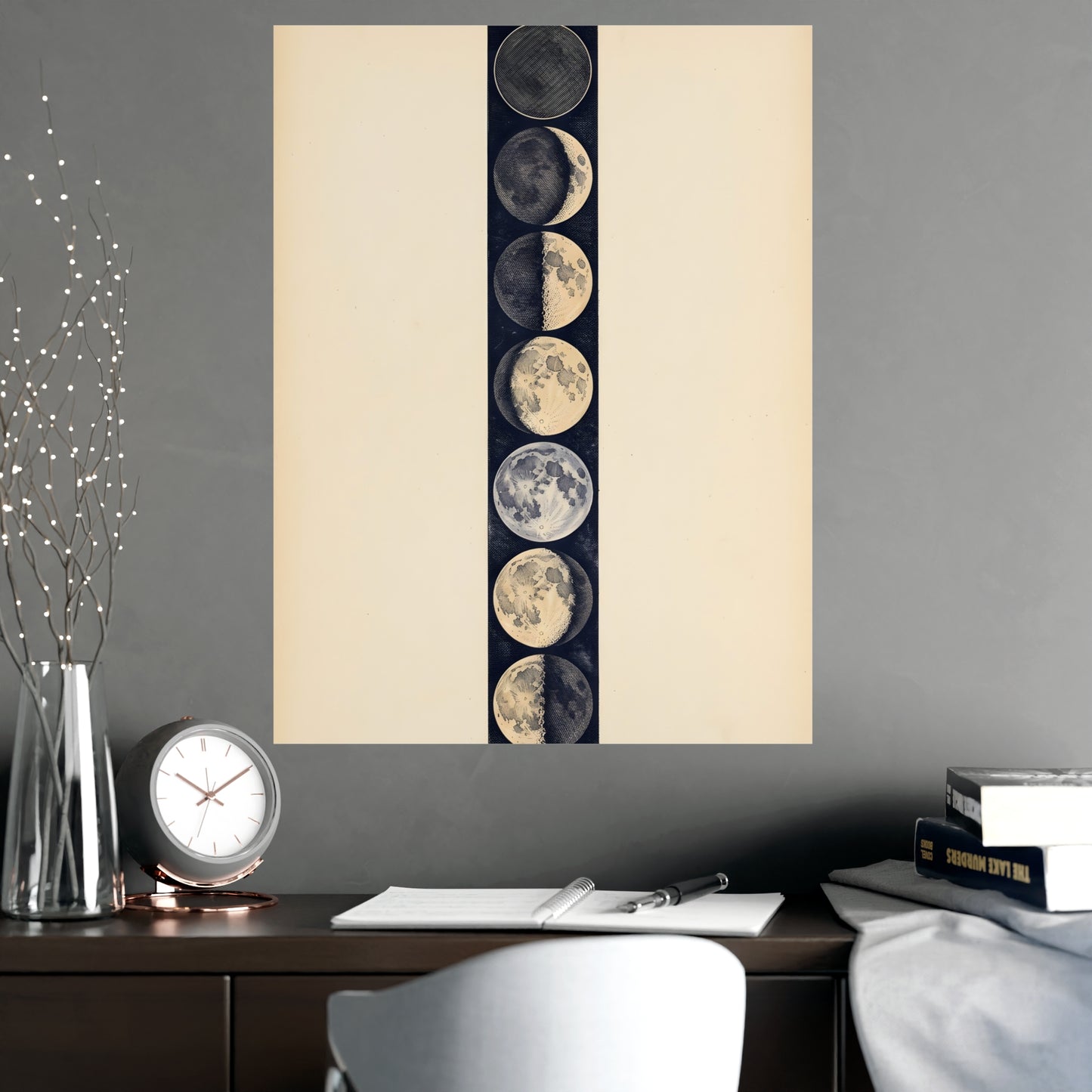 Phases of the Moon on a living room wall beside a tall vase, 18x24 in print