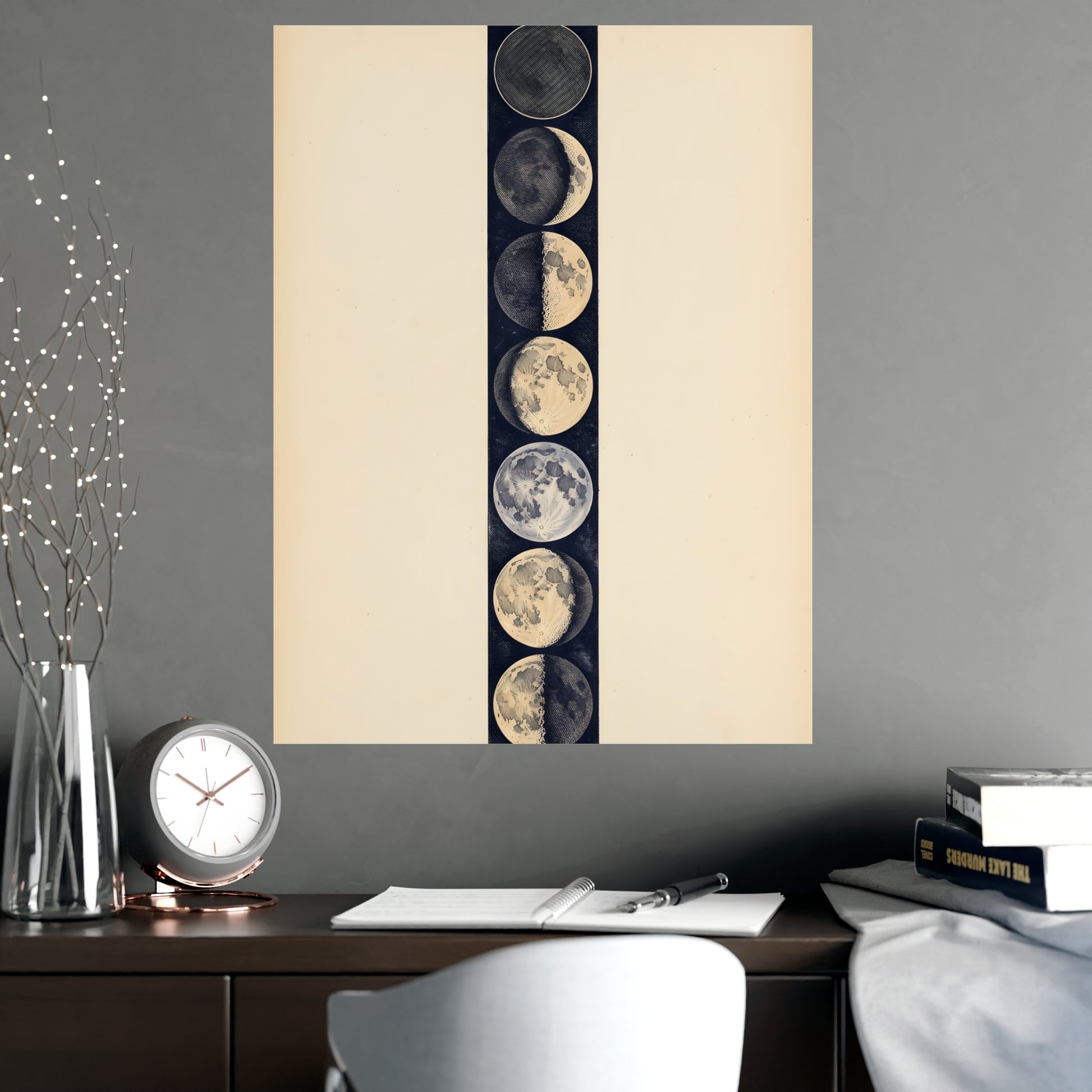 Phases of the Moon on a living room wall beside a tall vase, 18x24 in print