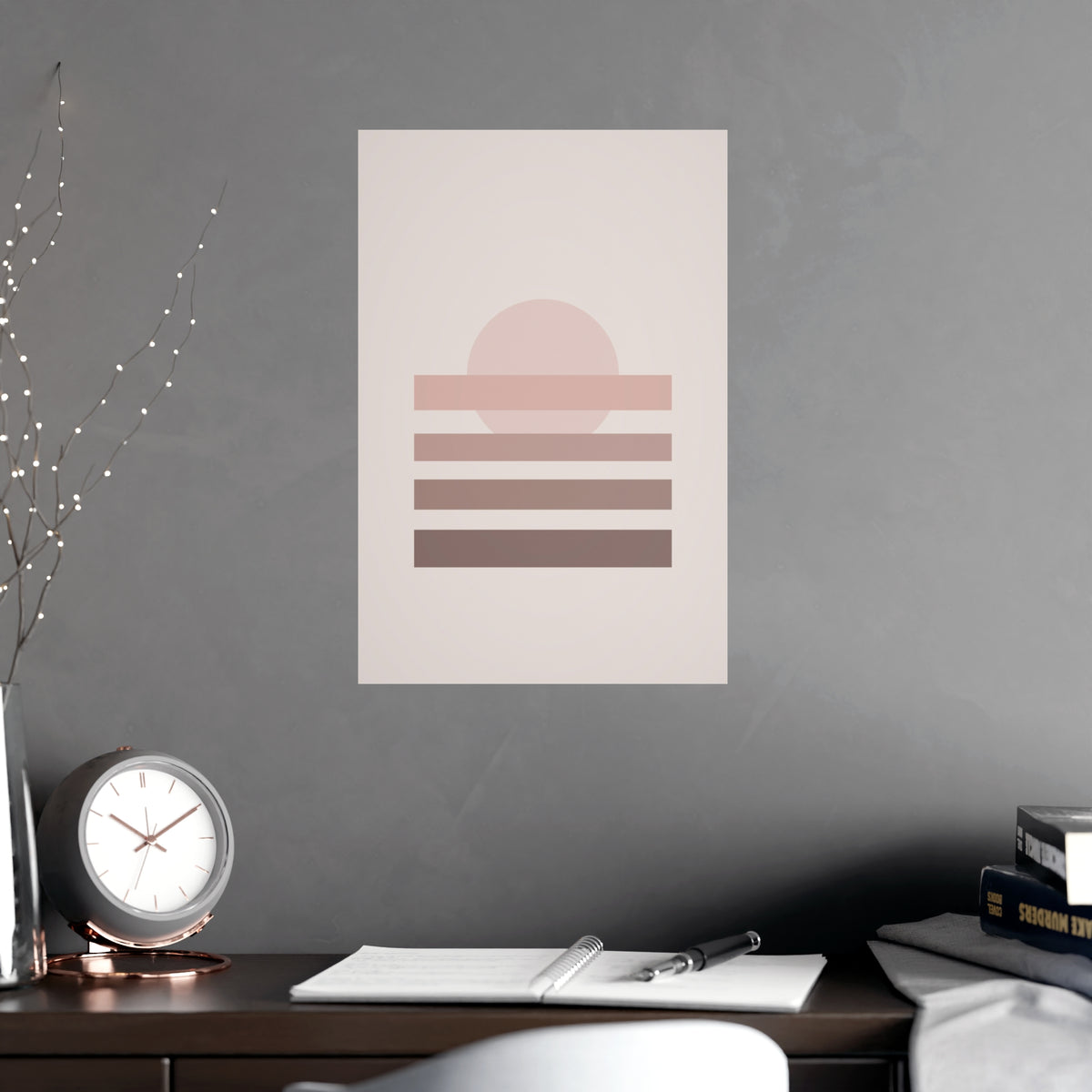 Dusty Rose Sunset Landscape Wall Art — sunset landscape in a dusty rose palette, shown framed on a wall