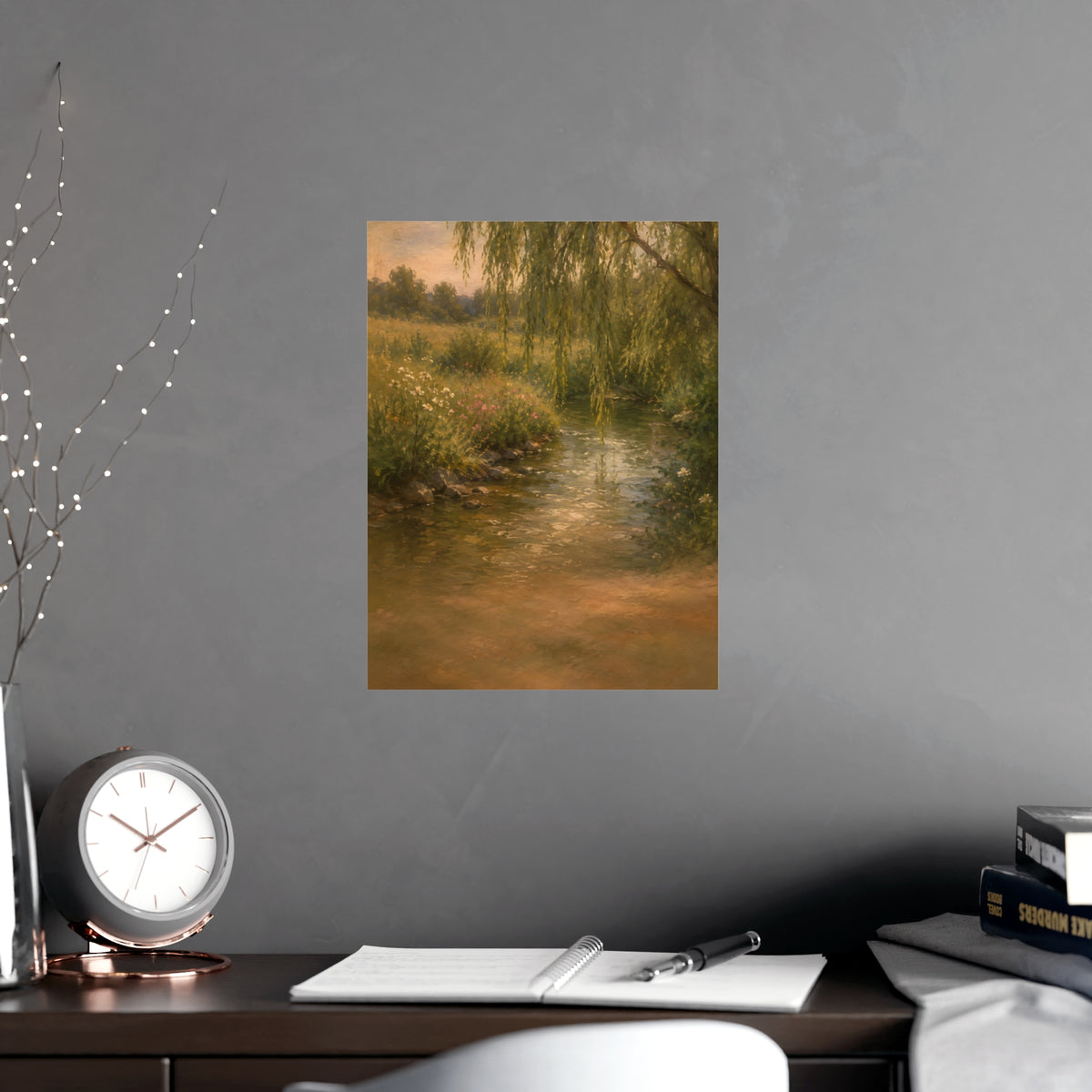 Willow Stream — a shallow stream winding through a meadow with willow branches trailing over the water, shown framed on a wal