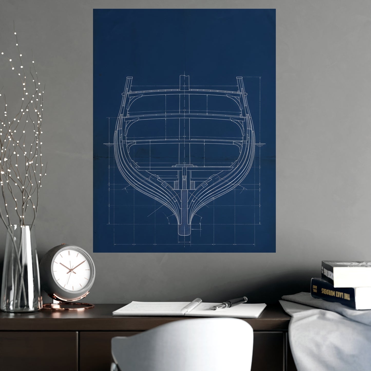 Ship's Hull on a living room wall beside a tall vase, 18x24 in print