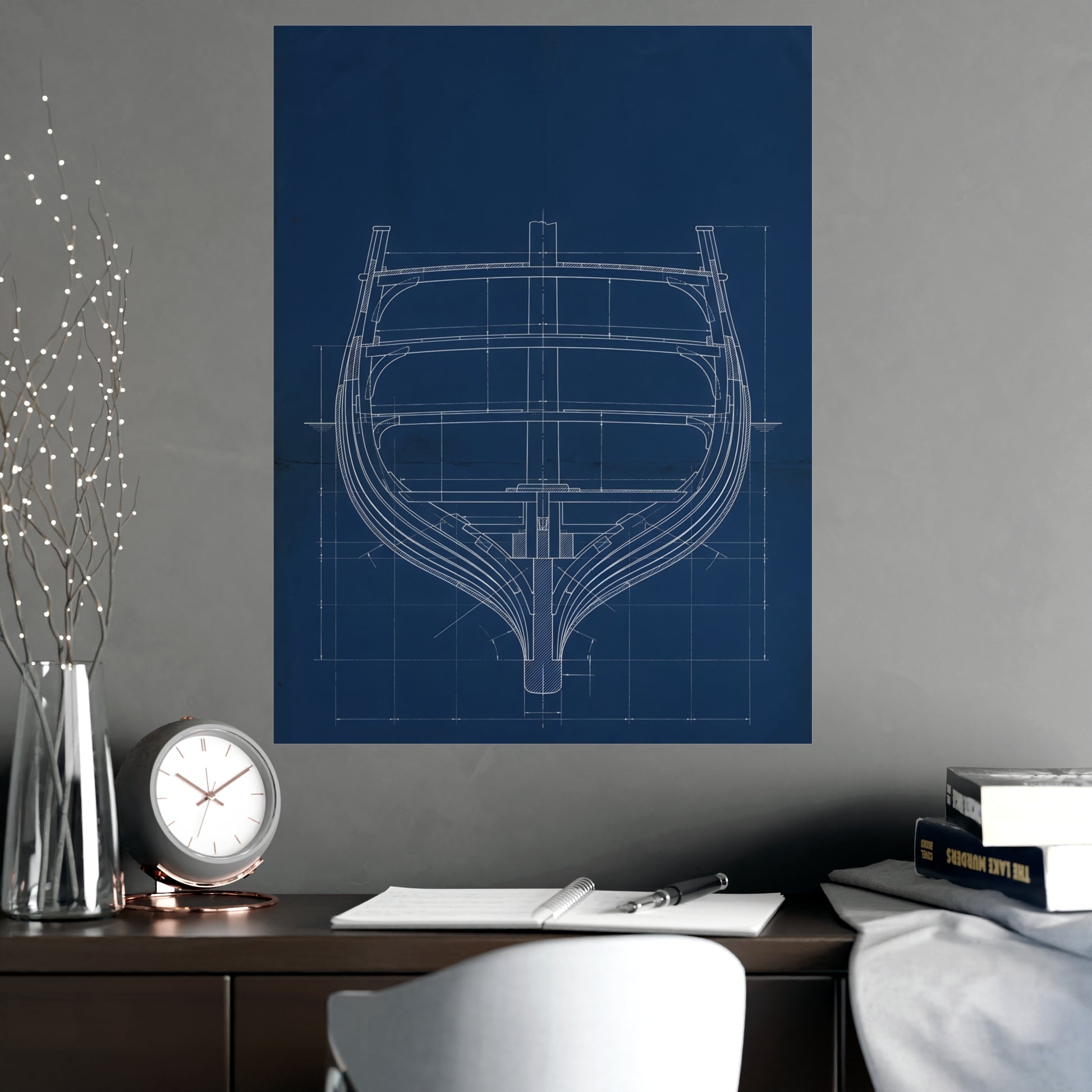 Ship's Hull on a living room wall beside a tall vase, 18x24 in print