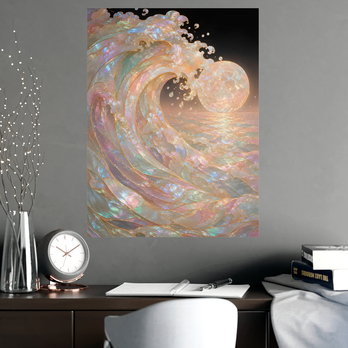 Wave and Moon — wave and moon, shown framed on a wall