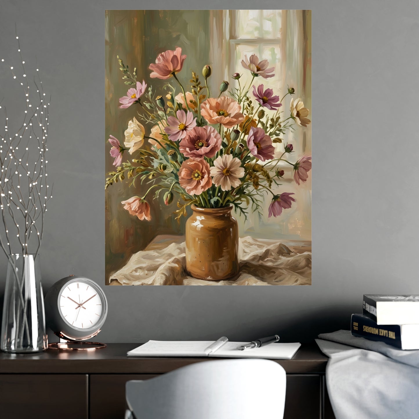 Gemini 02 on a living room wall beside a tall vase, 18x24 in print