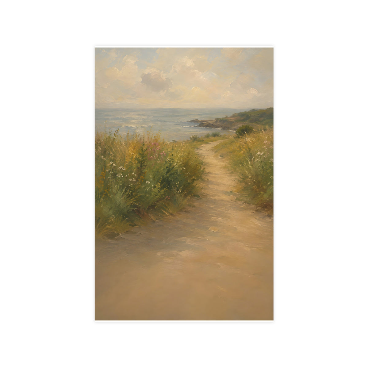 Coast Path — a sandy path through wild grasses and sea pinks with a calm sea beyond, 11x17 in print