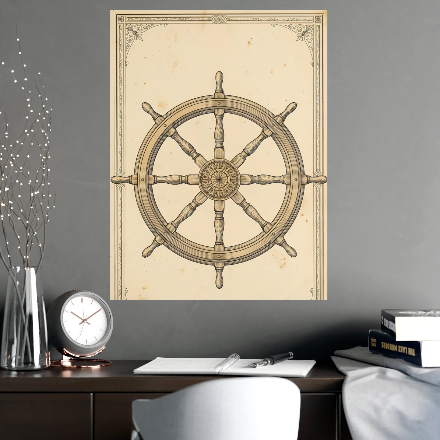 Ship's Wheel hung above a desk with a clock and notebook, 18x24 in print