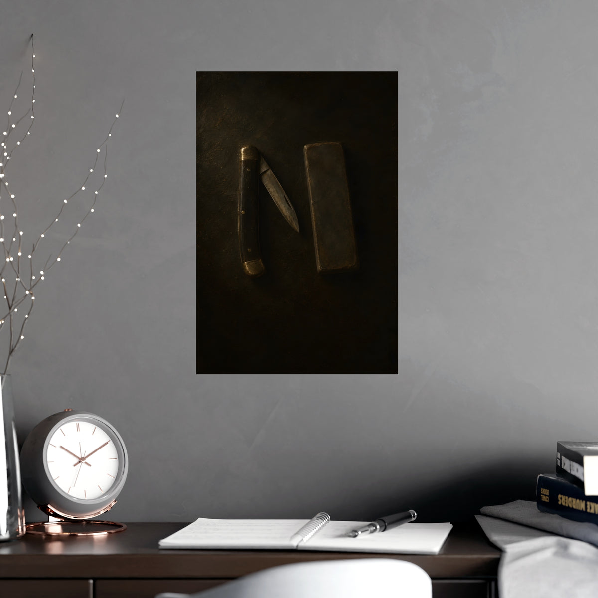 Knife and Whetstone — knife and whetstone, shown framed on a wall