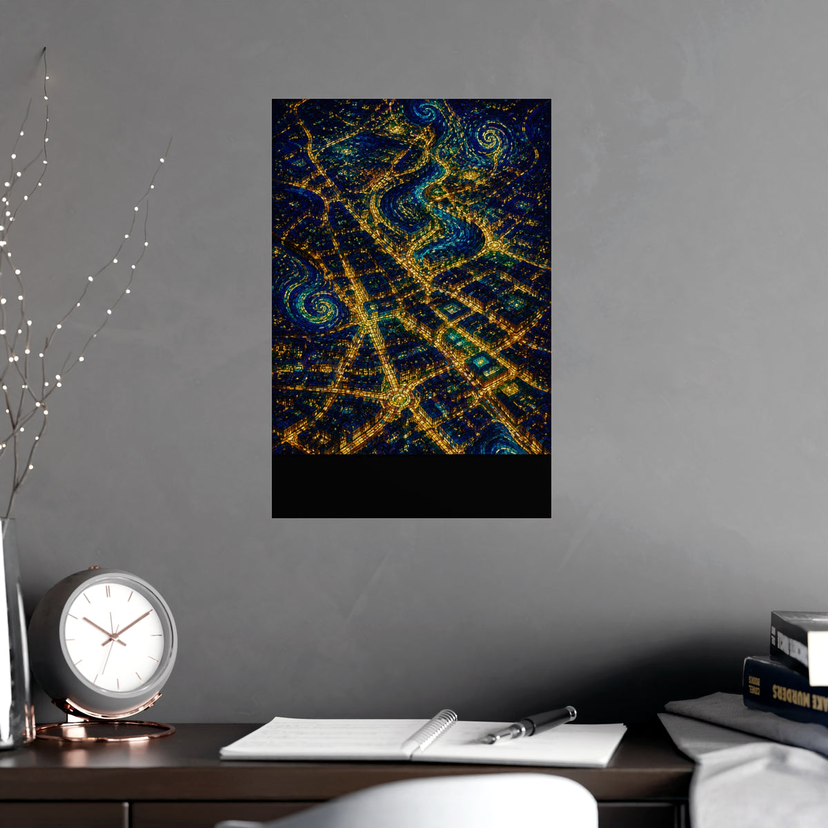 City from Above — city from above, shown framed on a wall