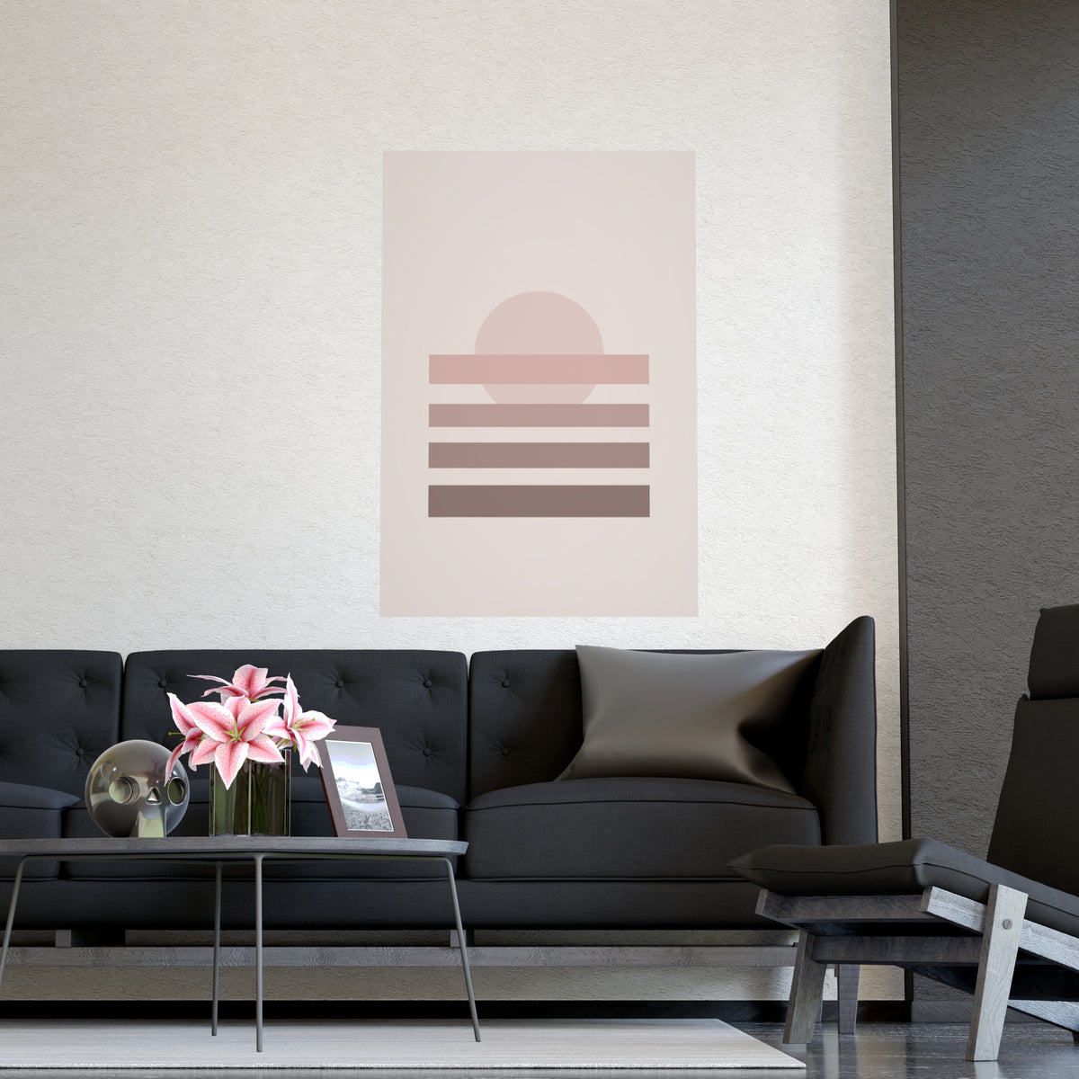 Dusty Rose Sunset Landscape Wall Art — sunset landscape in a dusty rose palette, shown framed on a wall