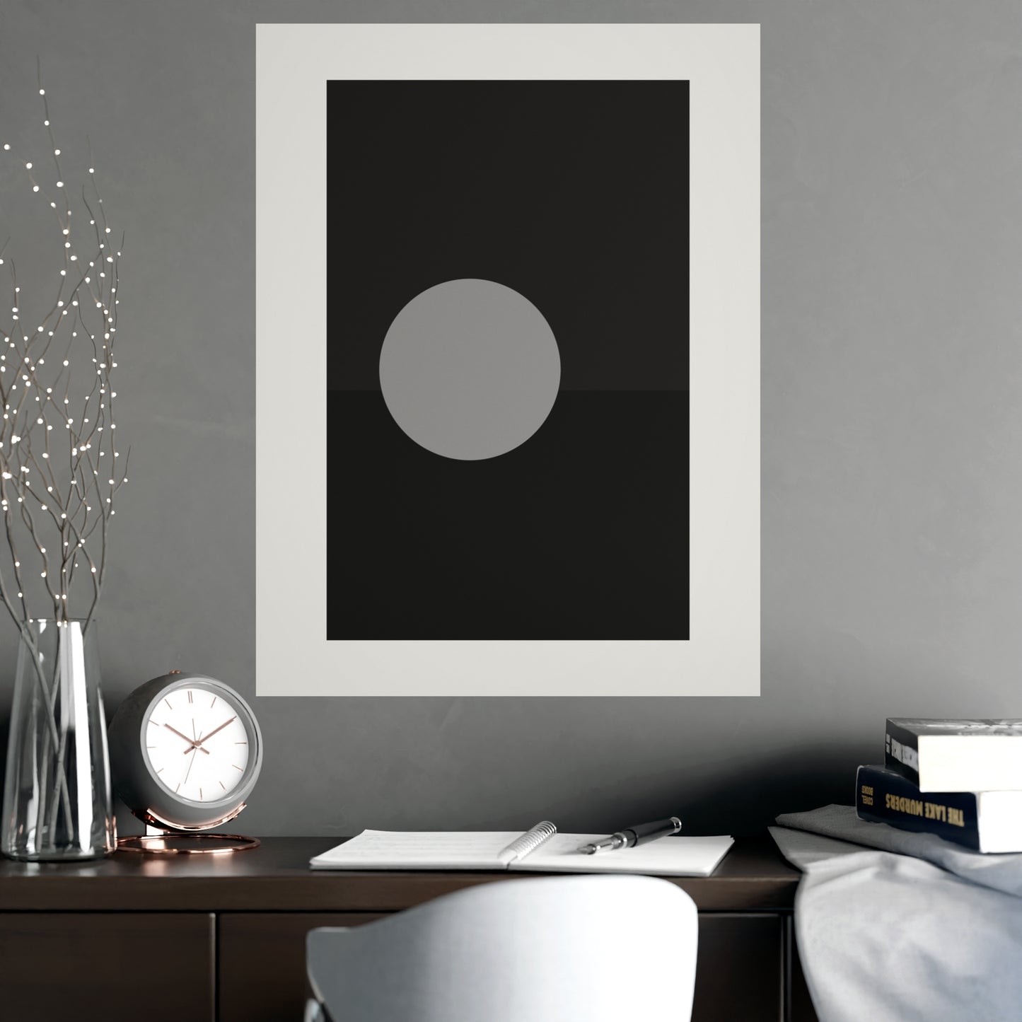 Charcoal Cream Sun Landscape Wall Art | Living Room Print