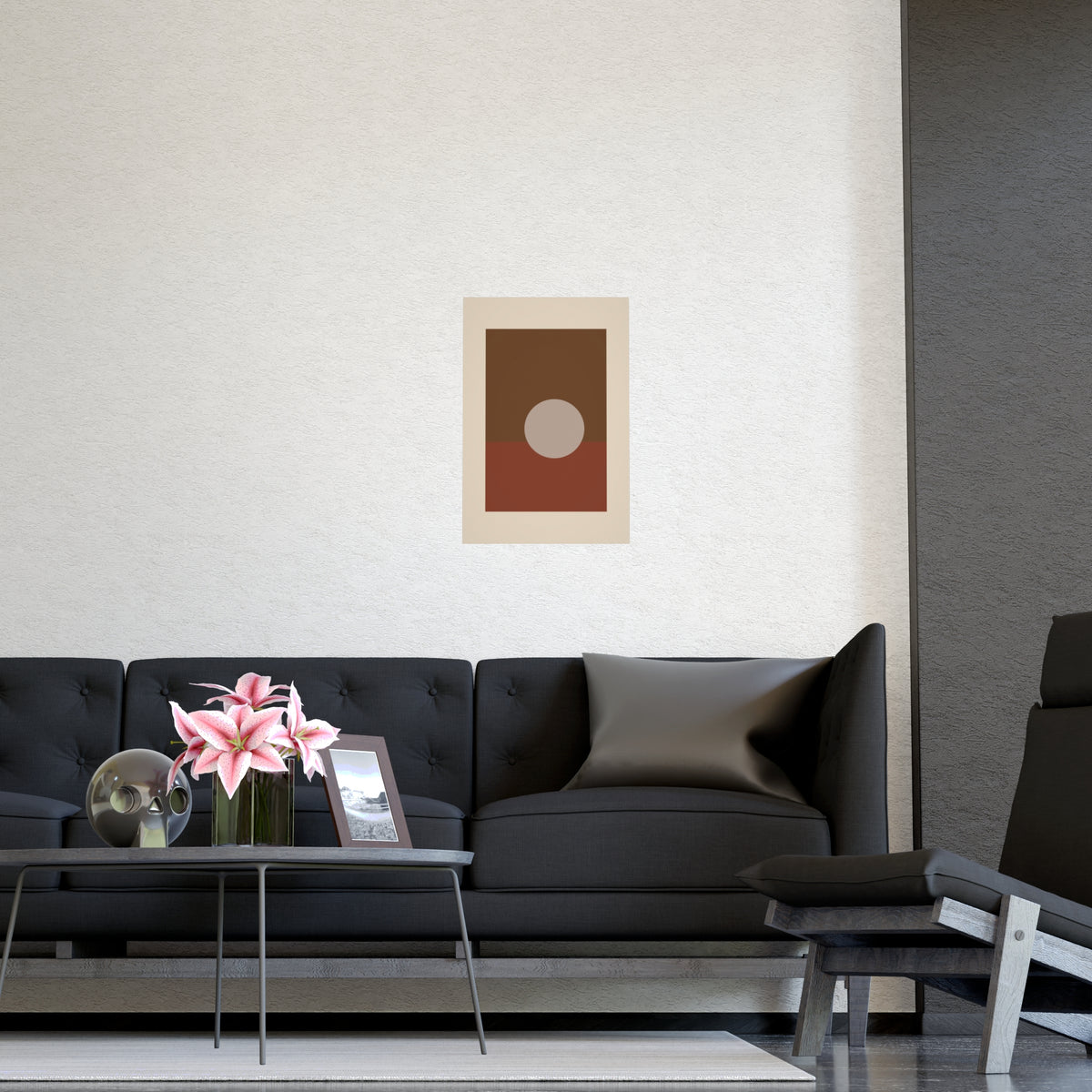 Muted 70s Sun Landscape Wall Art — sun landscape in a muted 70s palette, shown framed on a wall