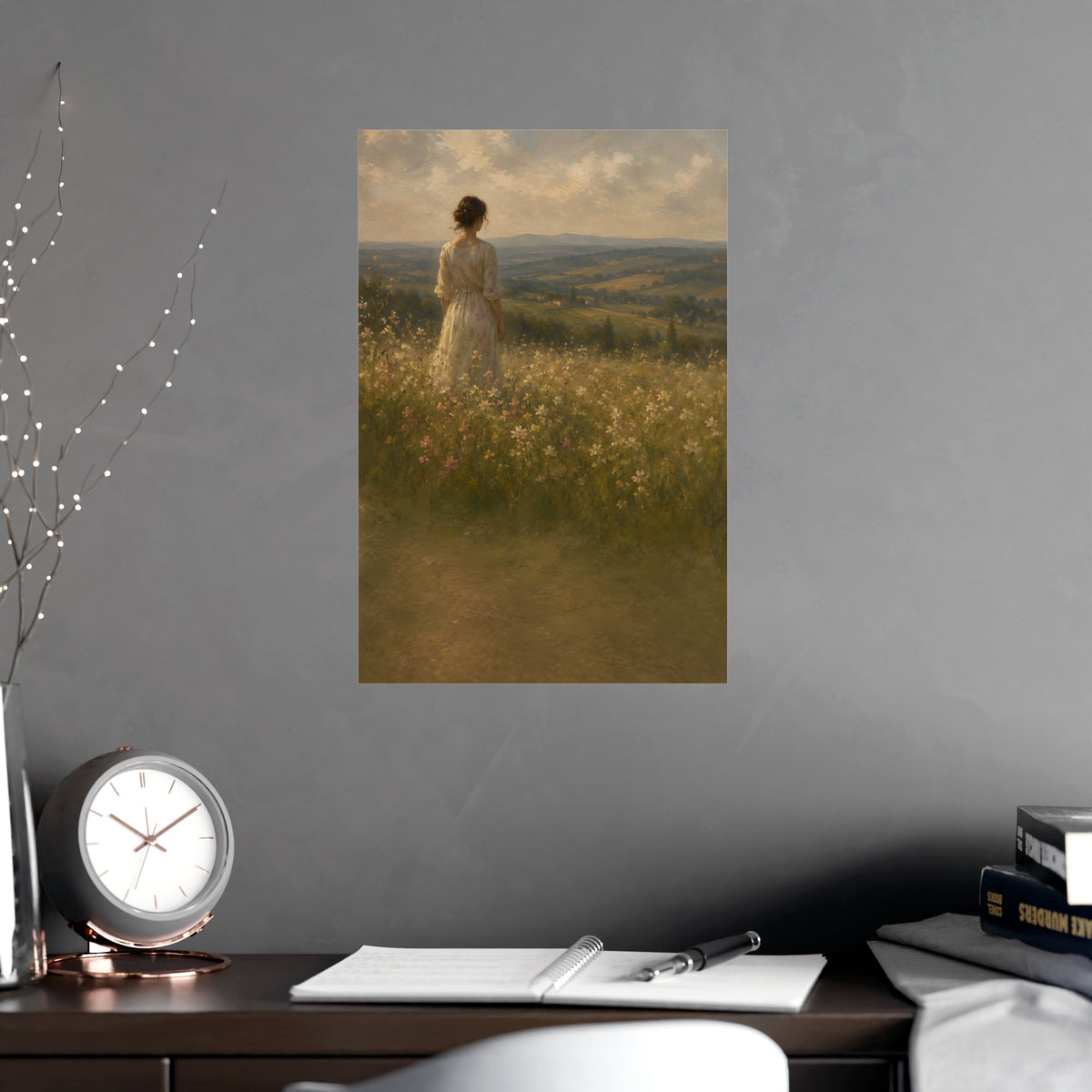 Looking to the Hills — a woman at the edge of a wildflower field looking toward distant hills, shown framed on a wall