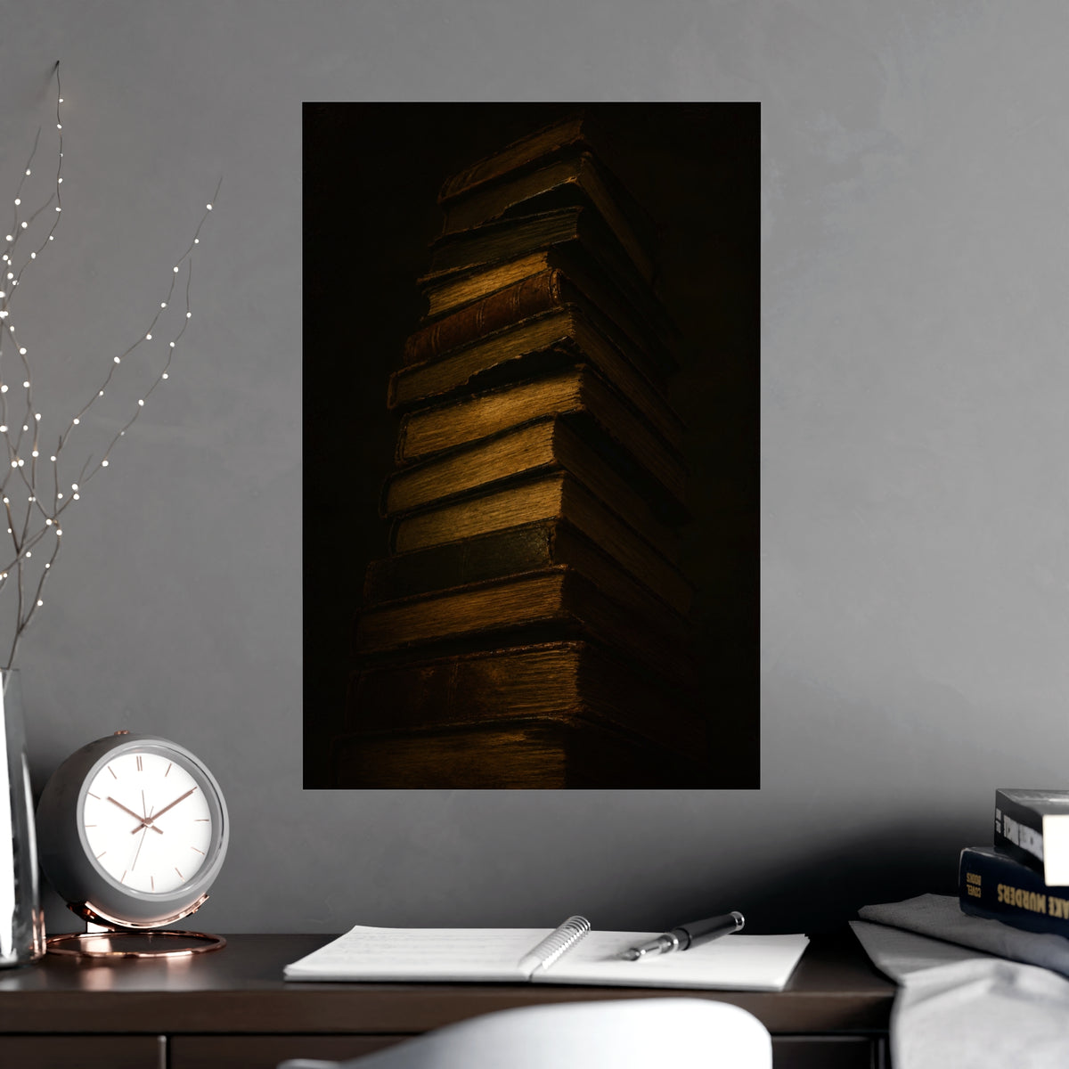Books, Stacked — books, stacked, shown framed on a wall