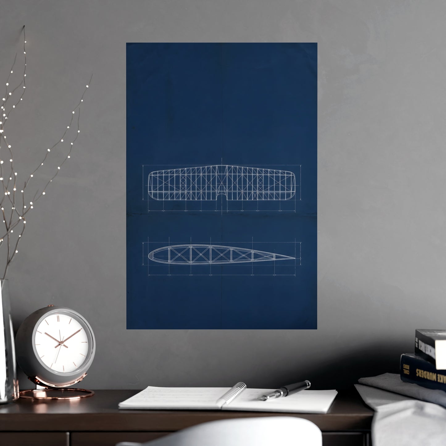 Aeroplane Wing on a living room wall beside a tall vase, 18x24 in print
