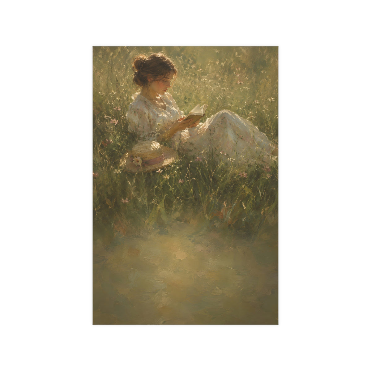 Reading in Tall Grass — a woman reading in tall summer grass, straw hat beside her, 12x18 in print