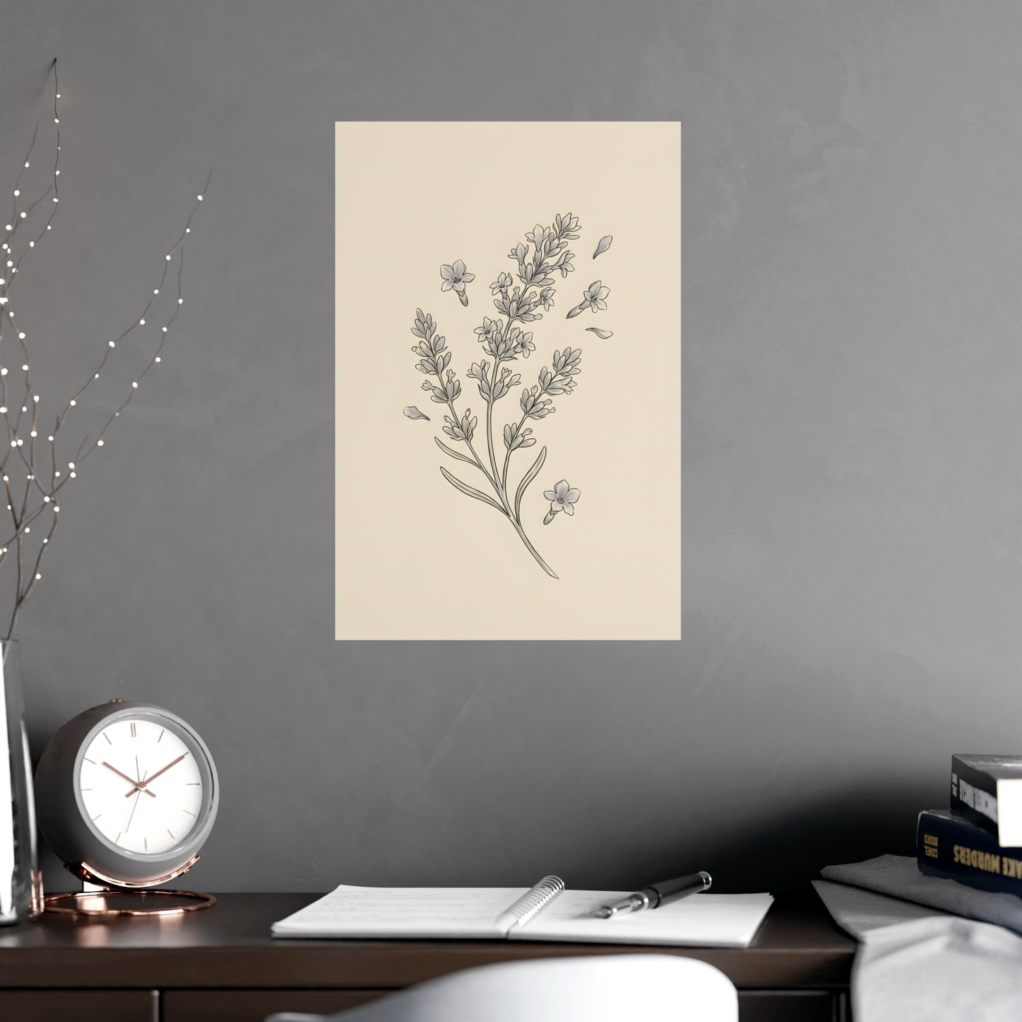 Lavender Sprig framed on a cream wall in a living room, 12x18 in print