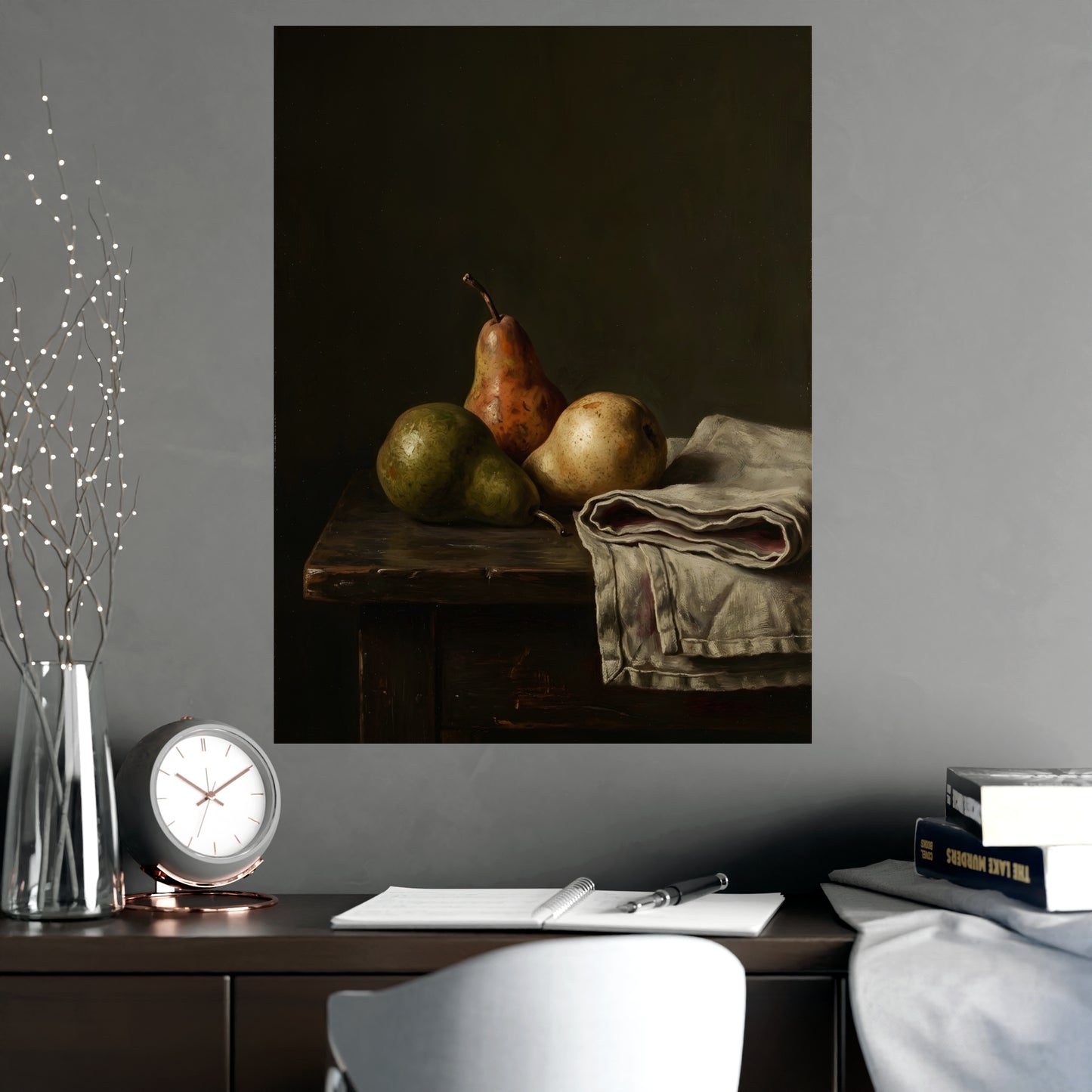 Stilllife 01 on a living room wall beside a tall vase, 18x24 in print